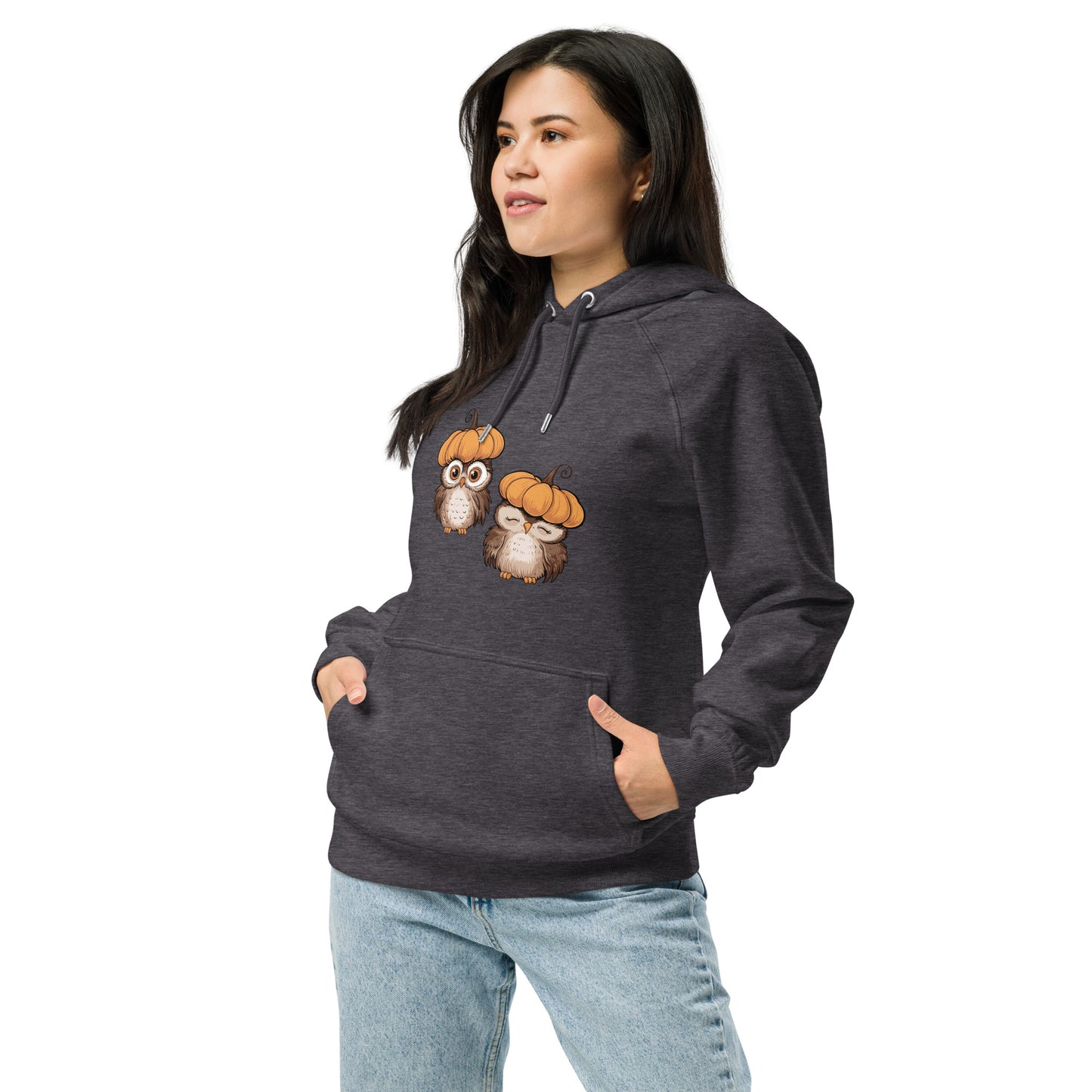 Unisex Eco Raglan Hoodie: Halloween Owl Sustainable Style USA Charcoal Melange Dudeily