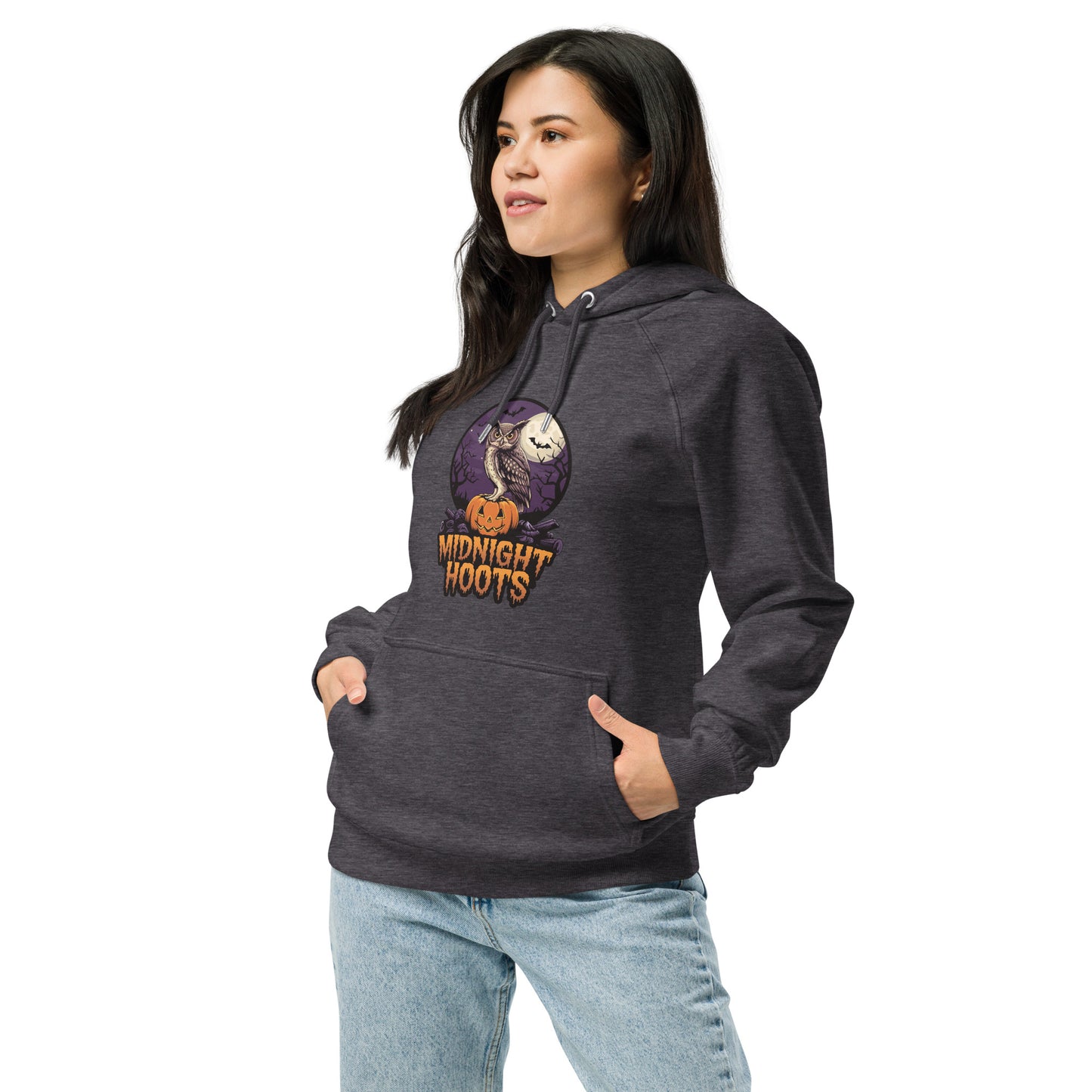 Unisex Eco Raglan Hoodie: Halloween Owl Sustainable Cozy Style USA Charcoal Melange Dudeily