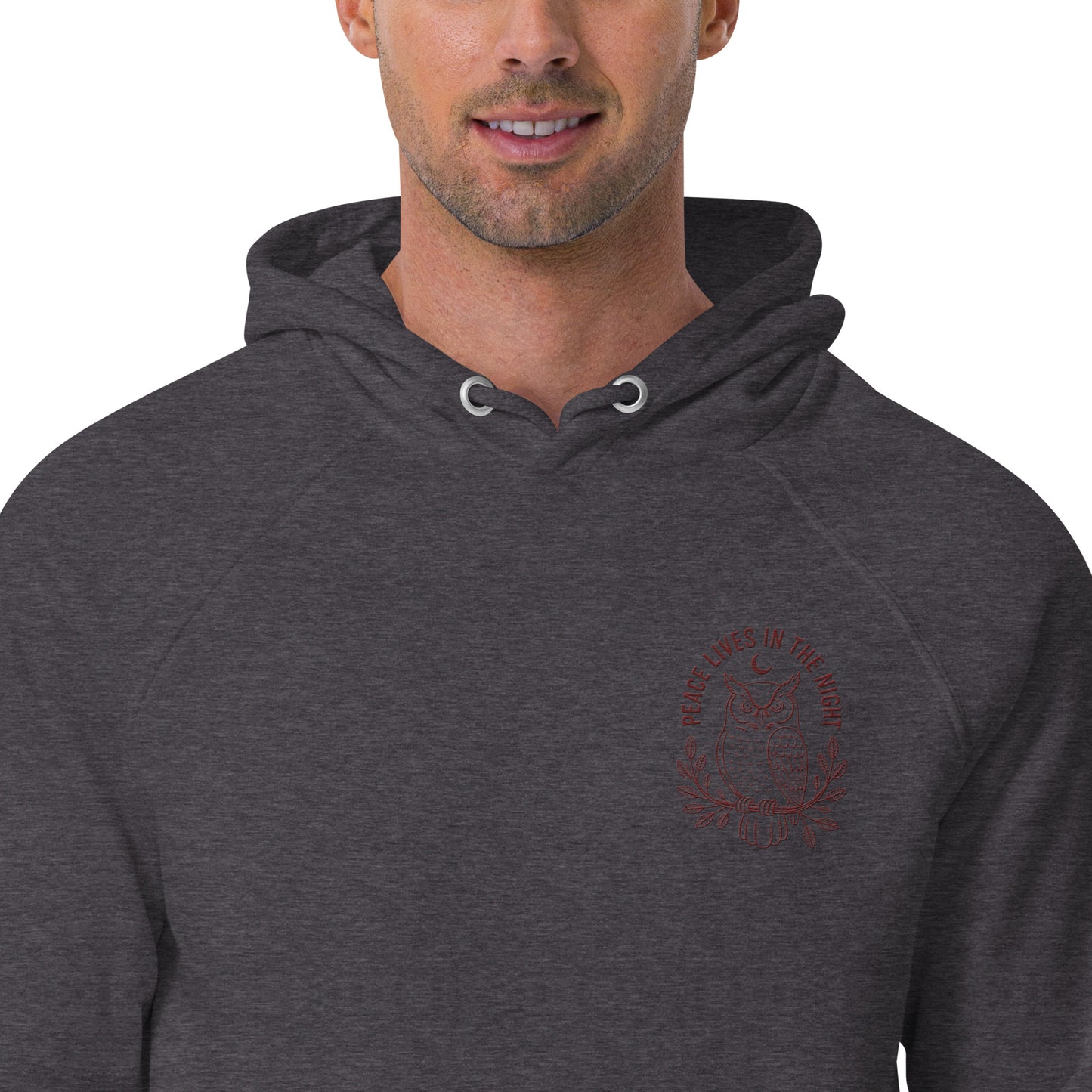 Owl Unisex Eco Raglan Hoodie – 'Peace Lives in the Night' in Fall | Sustainable Fashion Dudeily