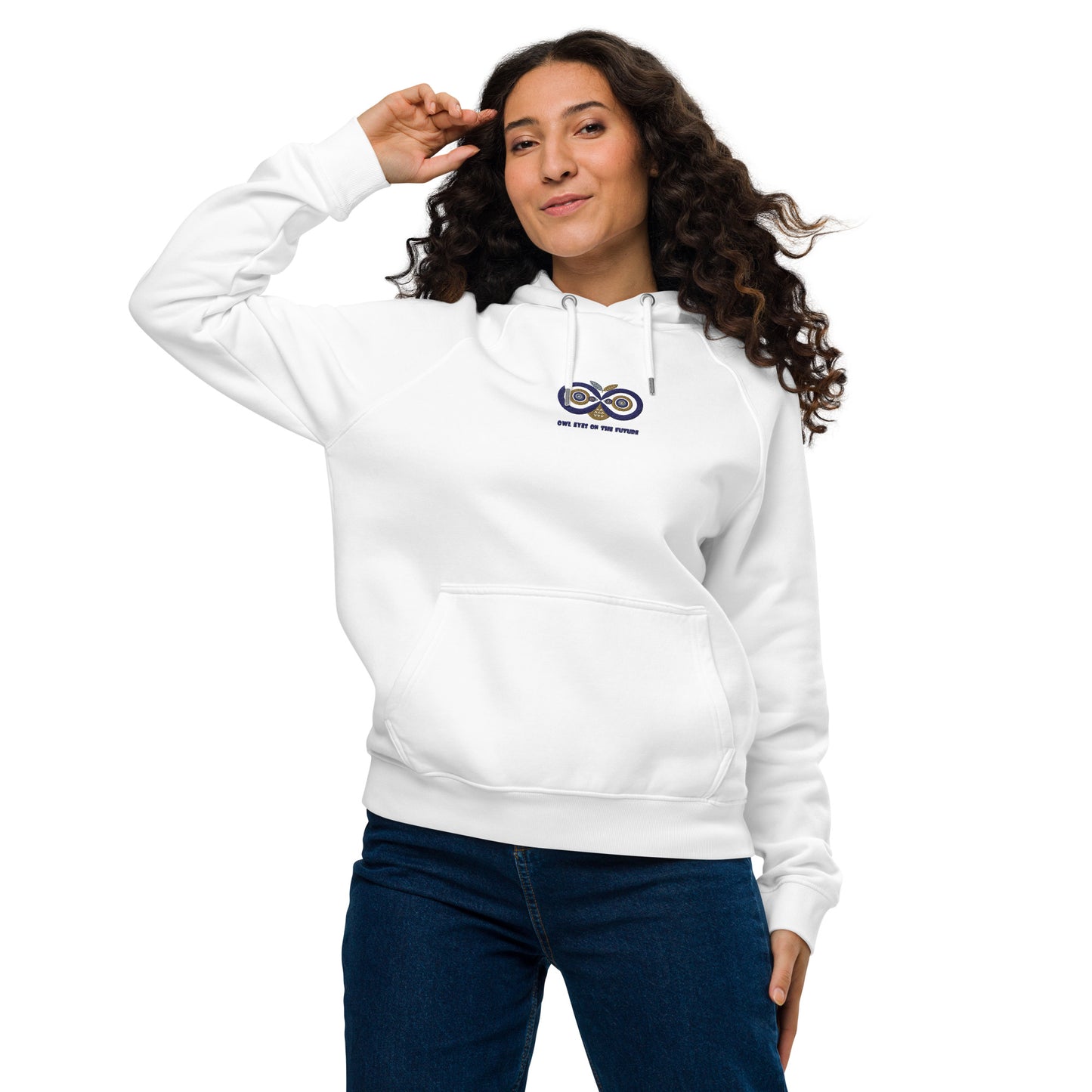 Embroidered Unisex Eco Raglan Hoodie – Owl Eyes on the Future | Owl-Themed Sustainable Fashion White Dudeily
