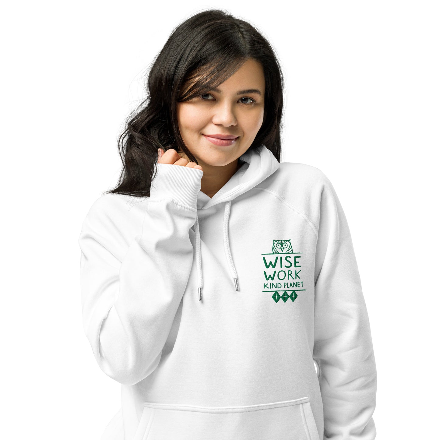 Unisex Eco Raglan Hoodie: Wise Work, Kind Planet | Embroidered Owl Hoodie – Sustainable Fashion Dudeily