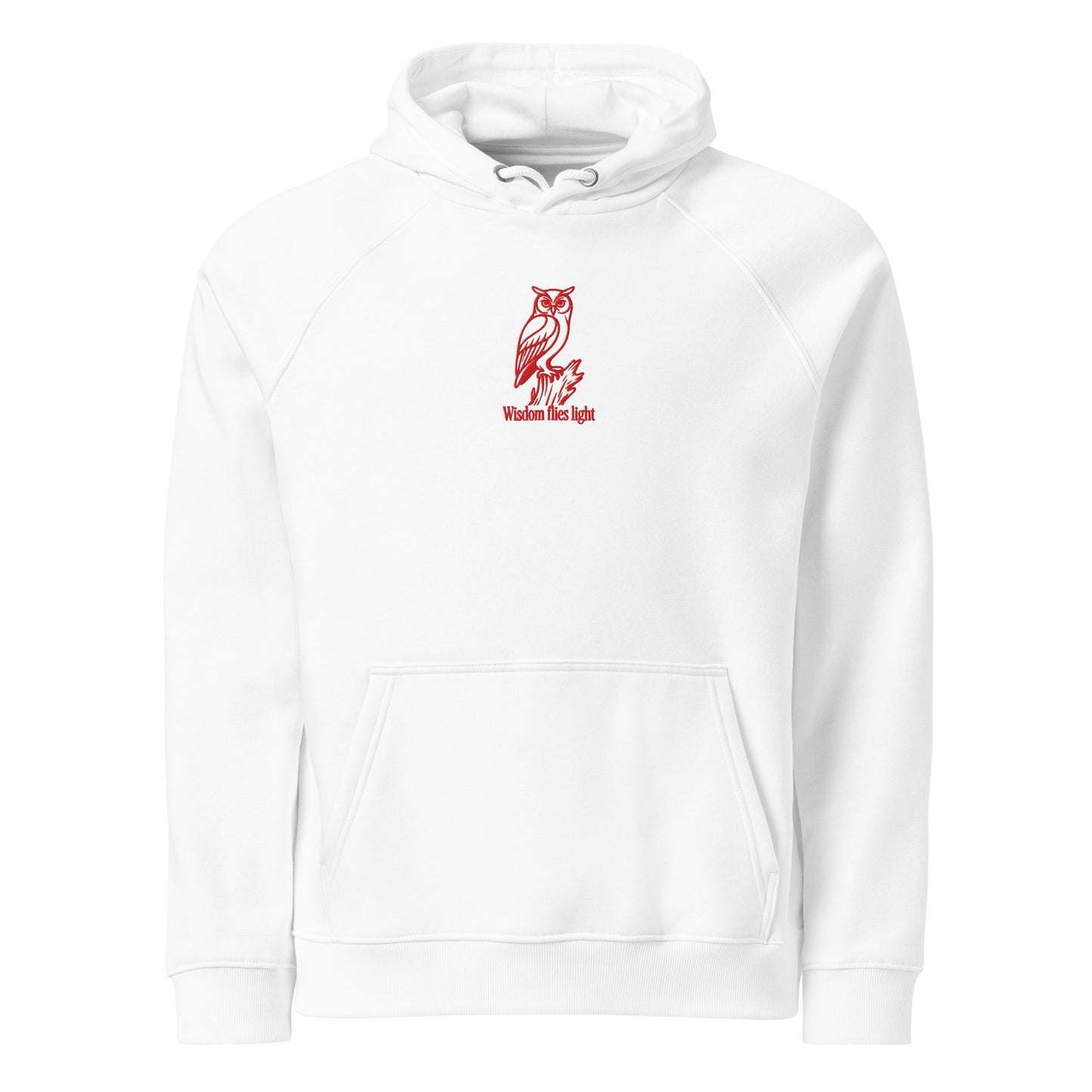 Owl Unisex Eco Raglan Hoodie: 'Wisdom Flies Light' in Fall | Sustainable Fashion White Dudeily