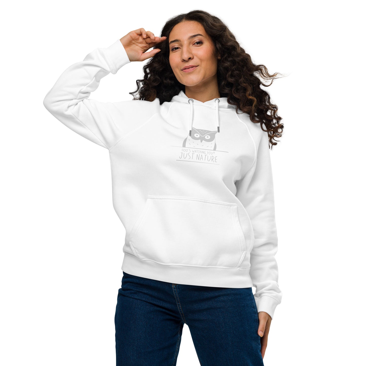 Eco Raglan Hoodie: 'Hoo's Watching You? Just Nature' in Fall | Eco-Friendly Owl Apparel USA White Dudeily