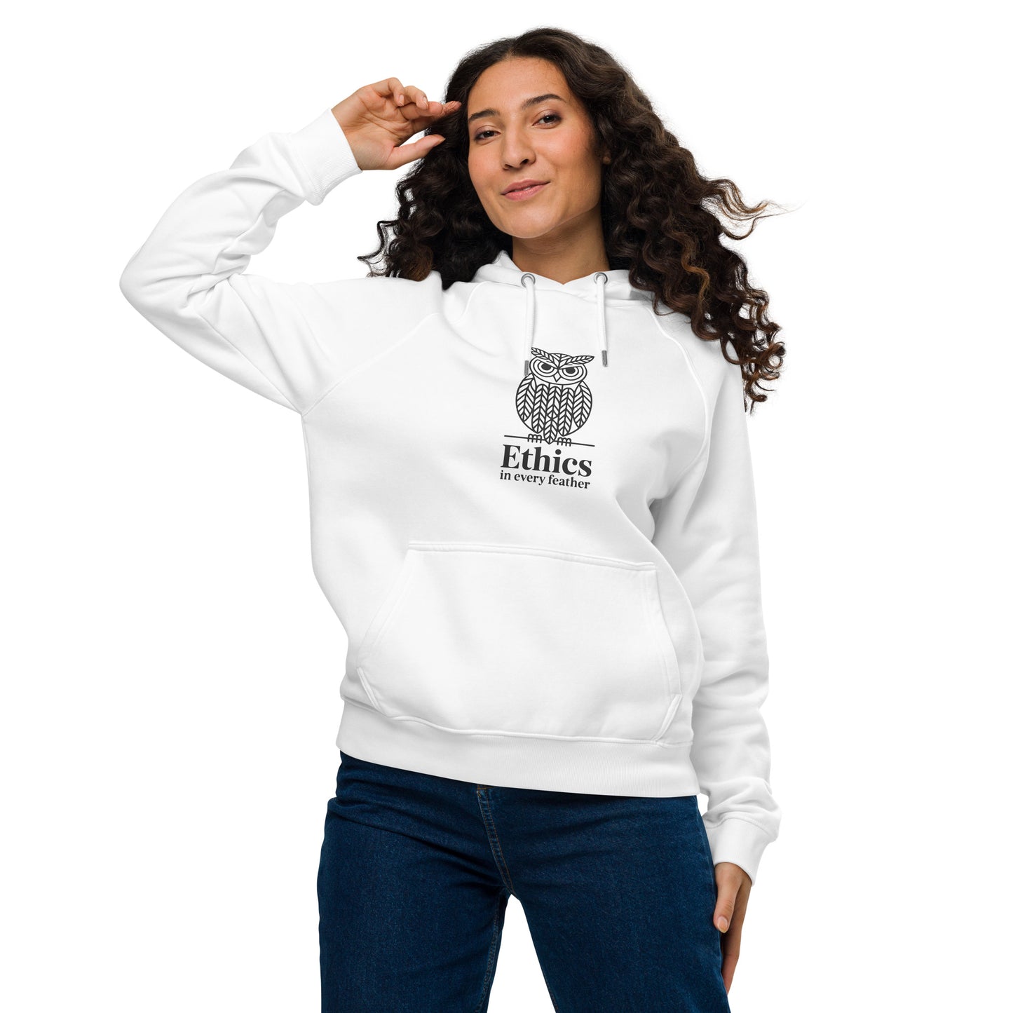Unisex eco raglan hoodie: 'Ethics in Every Feather' | Sustainable Owl Fashion USA White Dudeily
