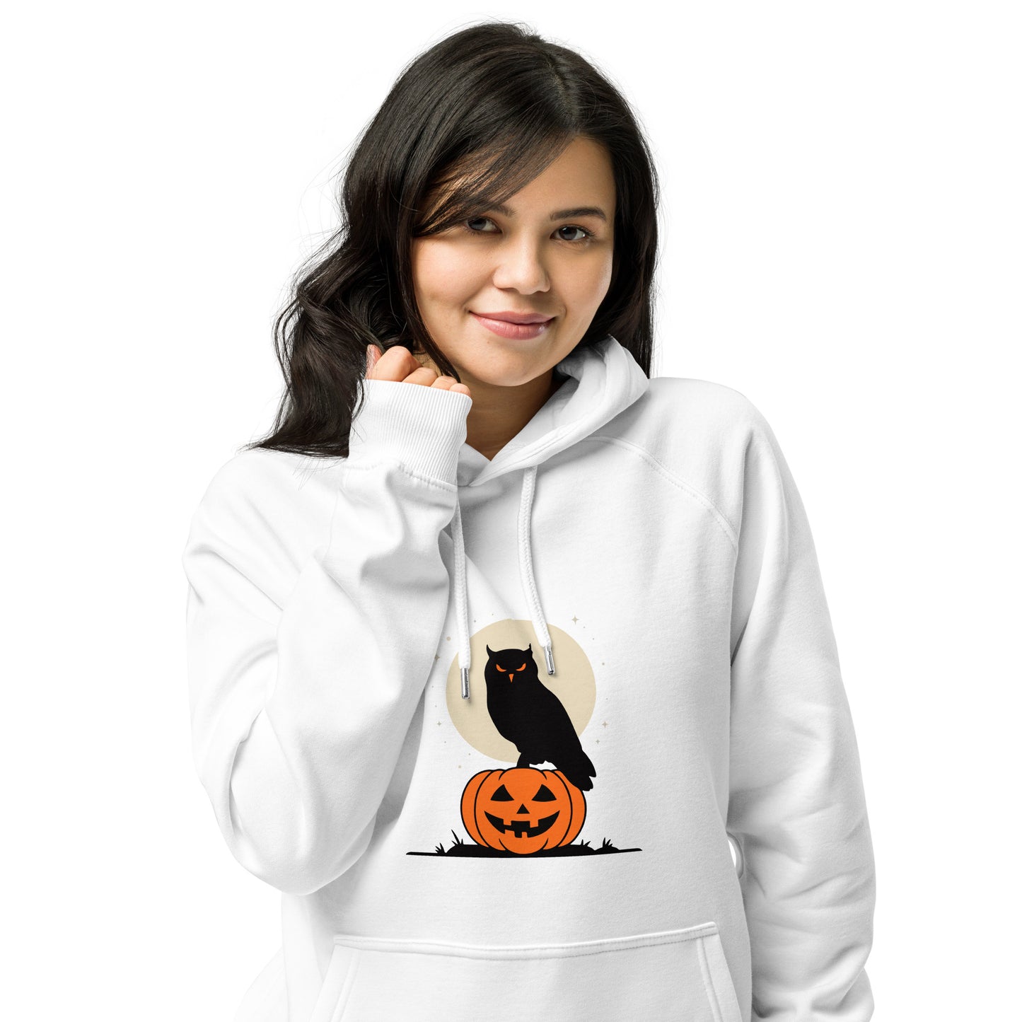 Unisex Eco Raglan Hoodie: Halloween Owl Cozy Sustainable Style USA Dudeily