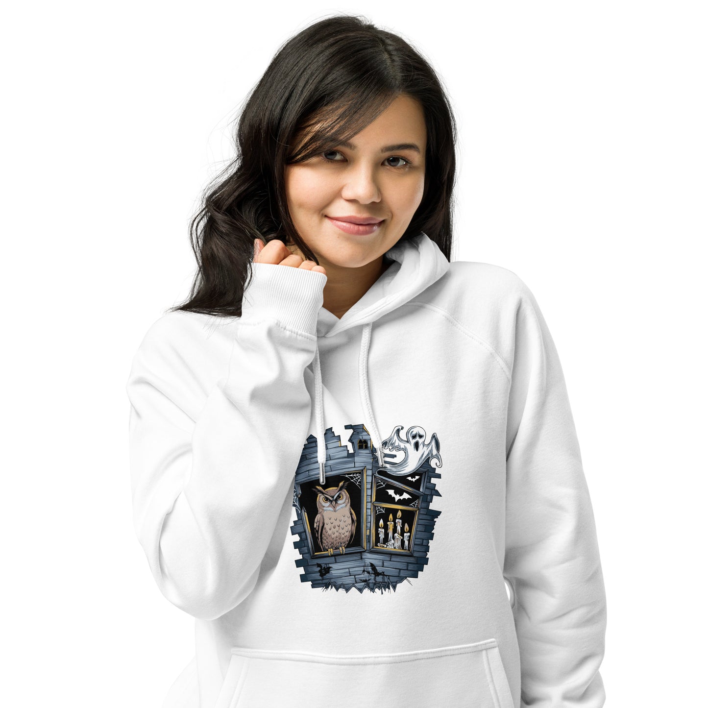 Unisex Eco Raglan Hoodie: Halloween Owl Cozy Sustainable Style USA Dudeily