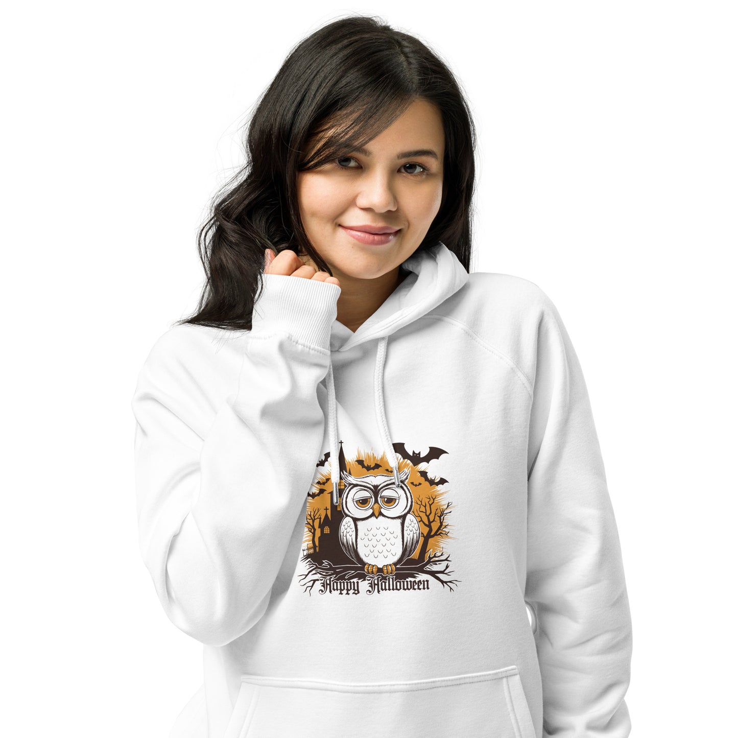 Unisex Eco Raglan Hoodie: Halloween Owl Cozy Sustainable Style USA Dudeily