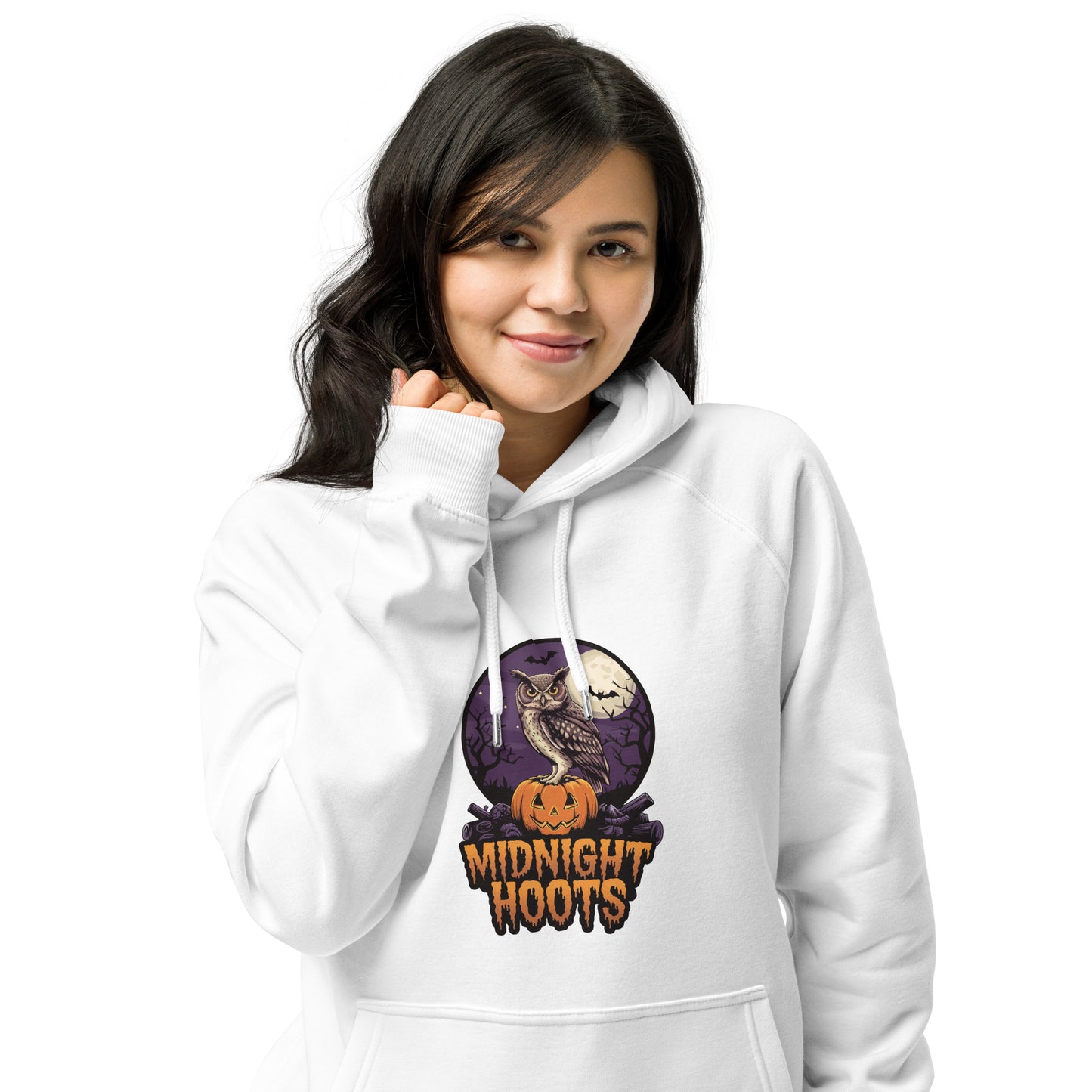 Unisex Eco Raglan Hoodie: Halloween Owl Sustainable Cozy Style USA Dudeily