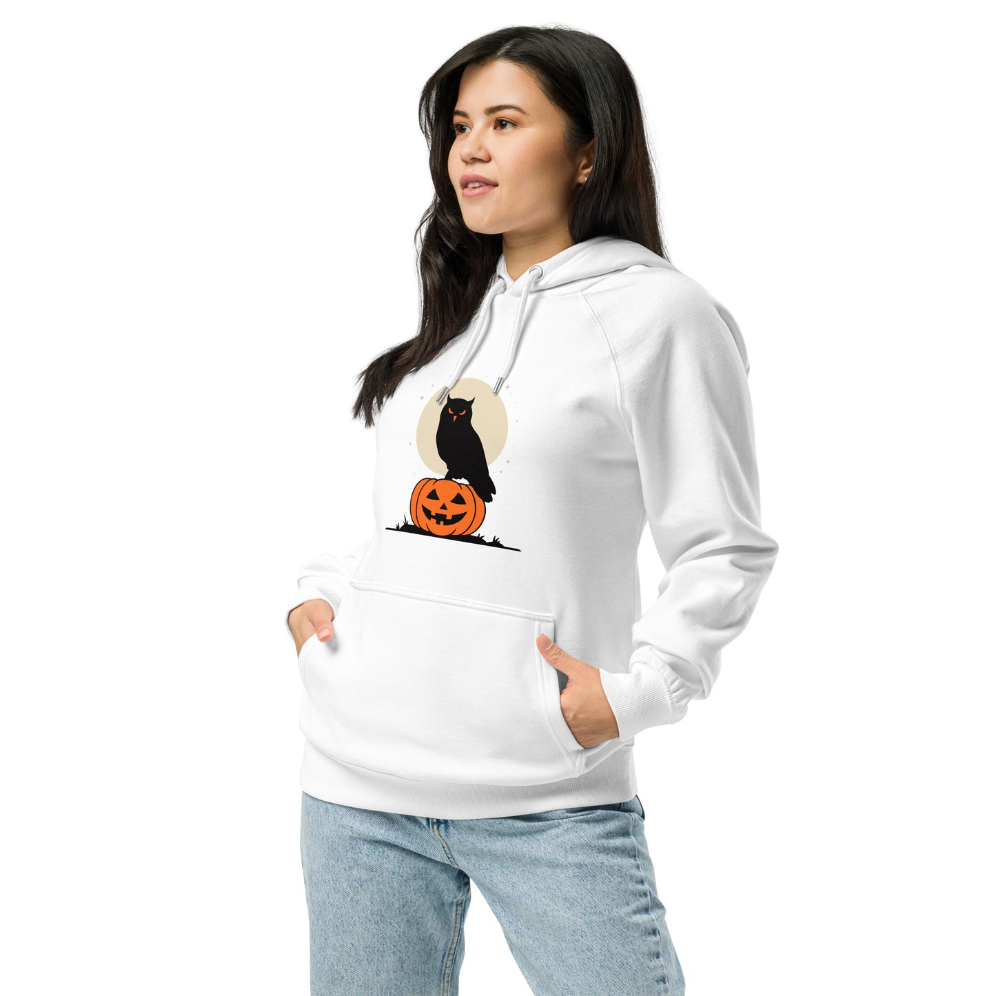 Unisex Eco Raglan Hoodie: Halloween Owl Cozy Sustainable Style USA White Dudeily
