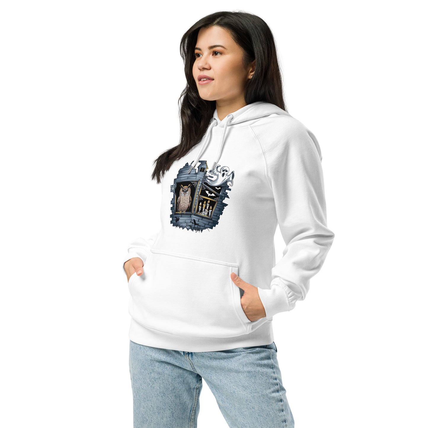 Unisex Eco Raglan Hoodie: Halloween Owl Cozy Sustainable Style USA White Dudeily