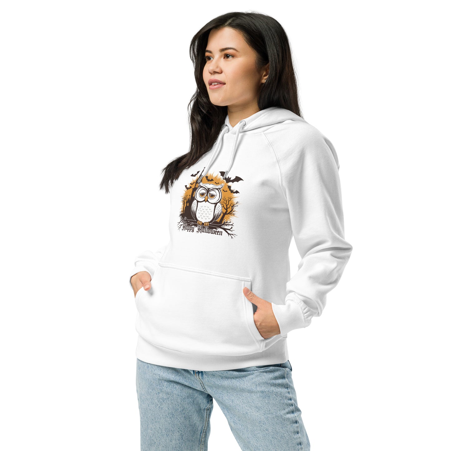 Unisex Eco Raglan Hoodie: Halloween Owl Cozy Sustainable Style USA White Dudeily