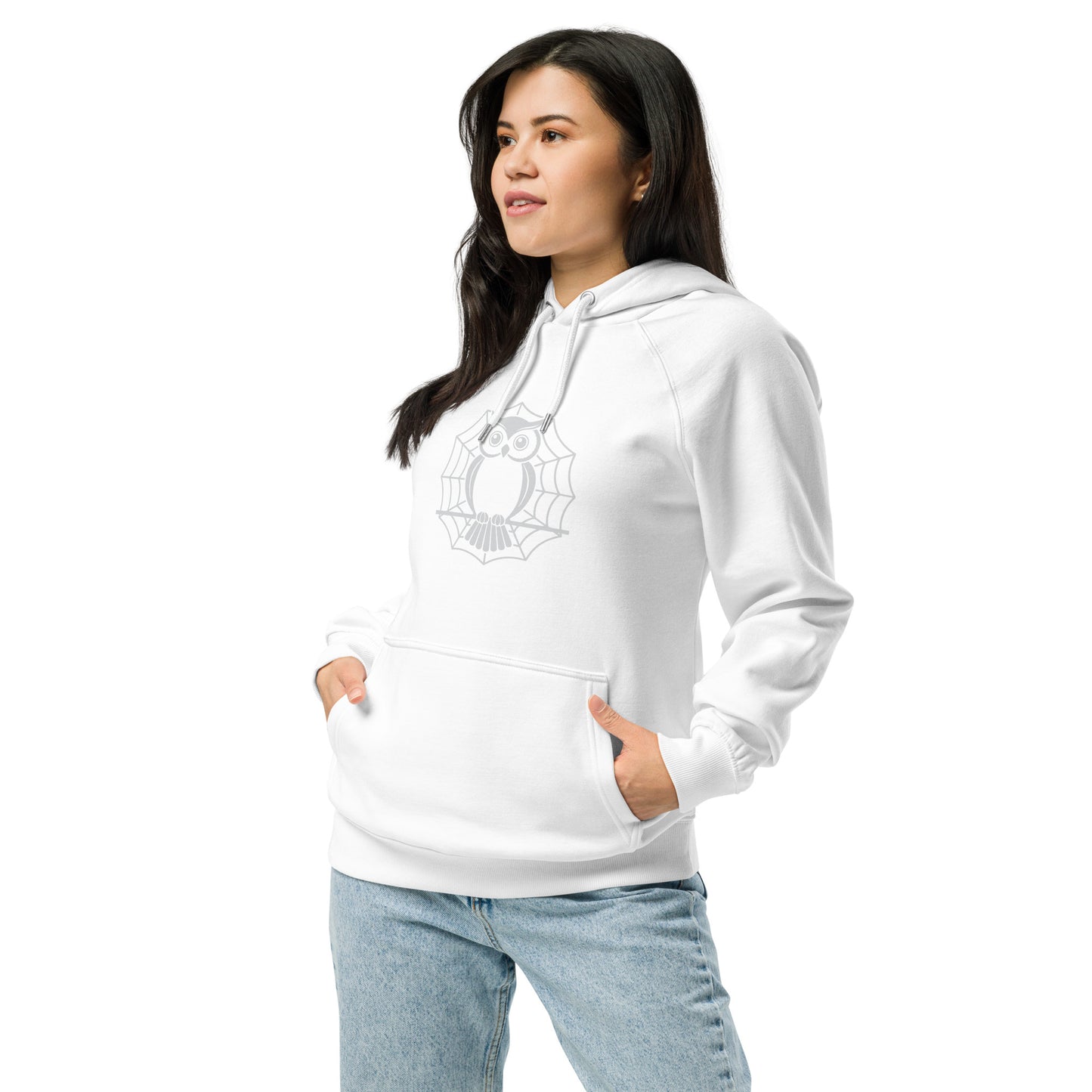 Unisex Eco Raglan Hoodie: Halloween Owl Cozy Sustainable Style USA White Dudeily