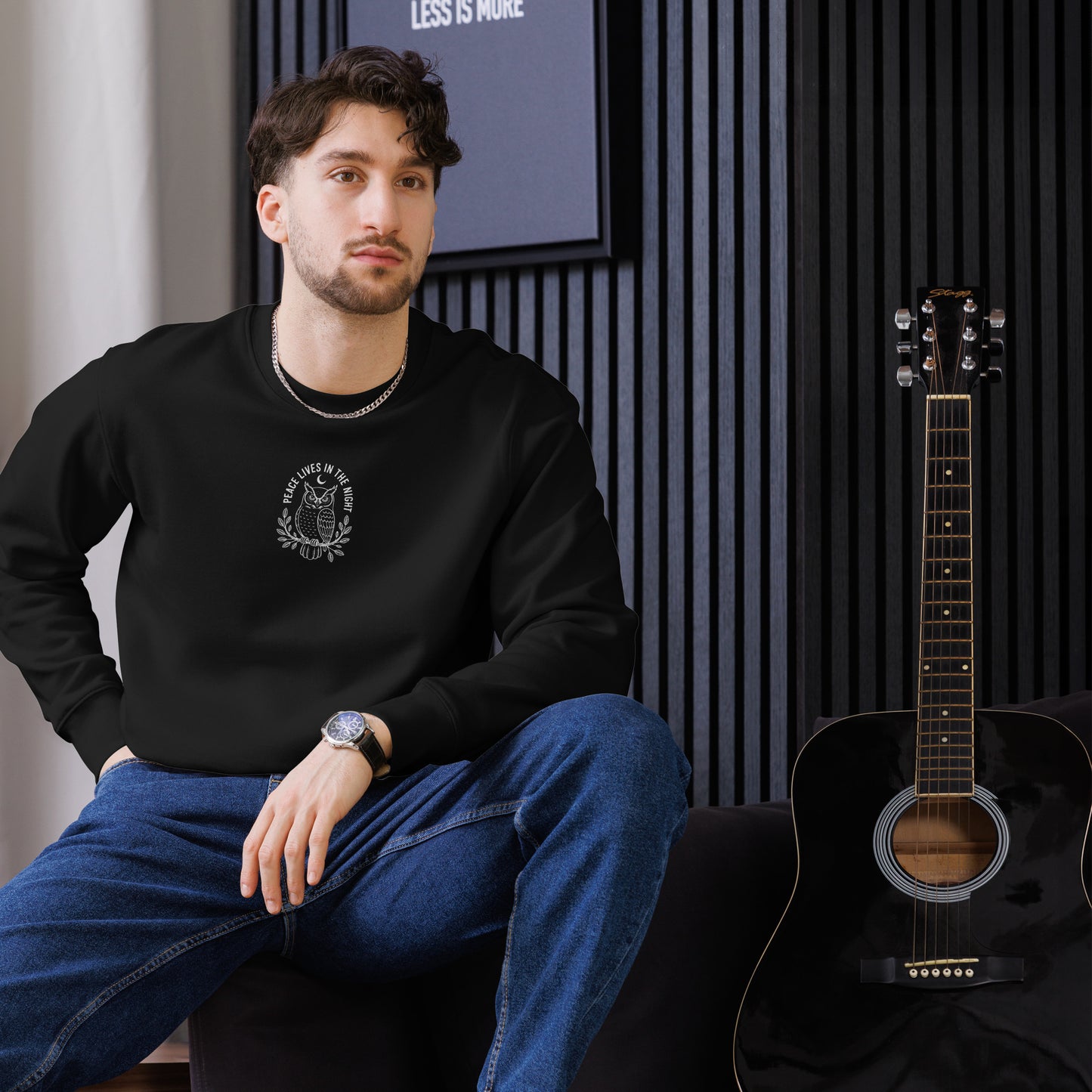 Owl Unisex Eco Sweatshirt – 'Peace Lives in the Night' in Fall | Sustainable Fashion USA Dudeily