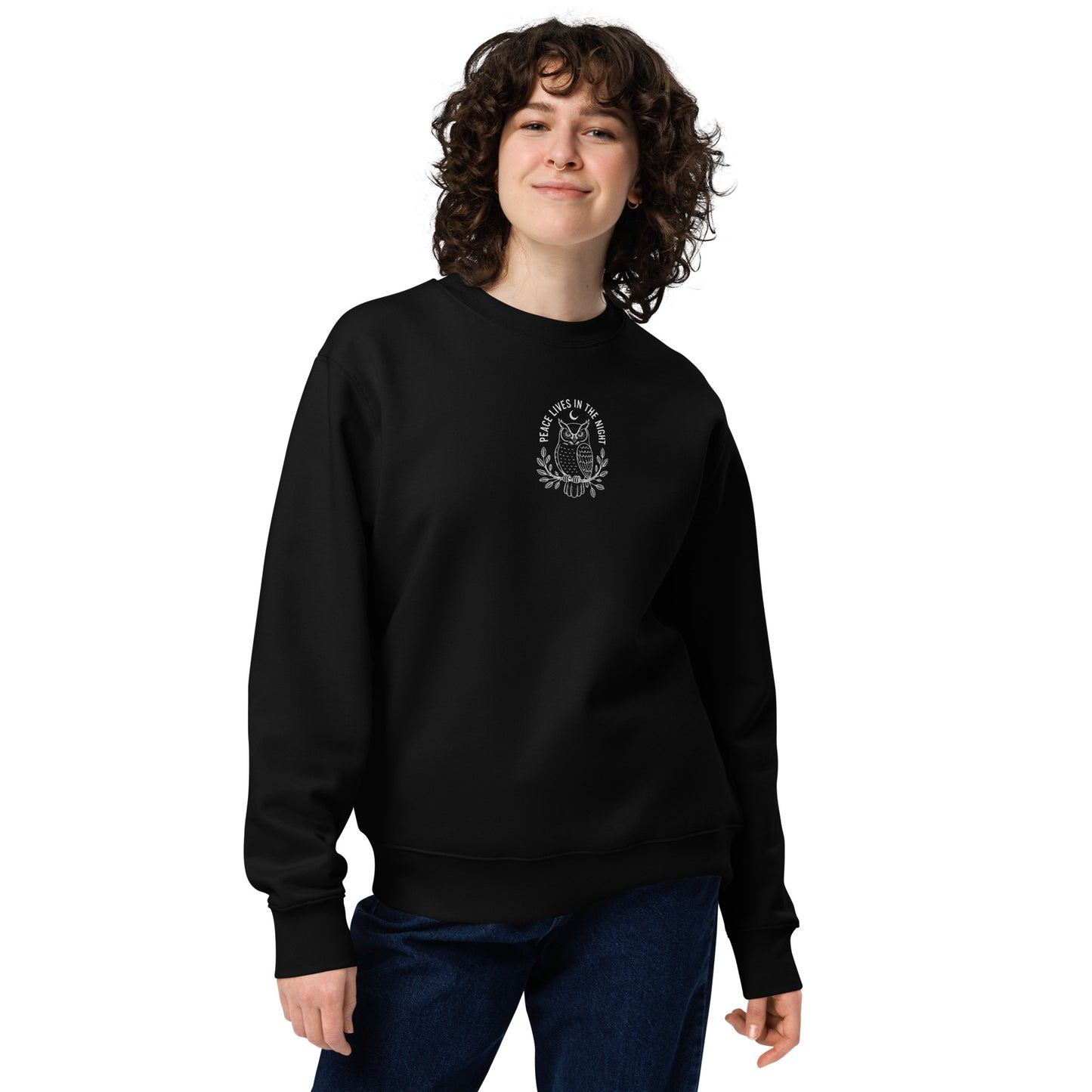 Owl Unisex Eco Sweatshirt – 'Peace Lives in the Night' in Fall | Sustainable Fashion USA Black Dudeily
