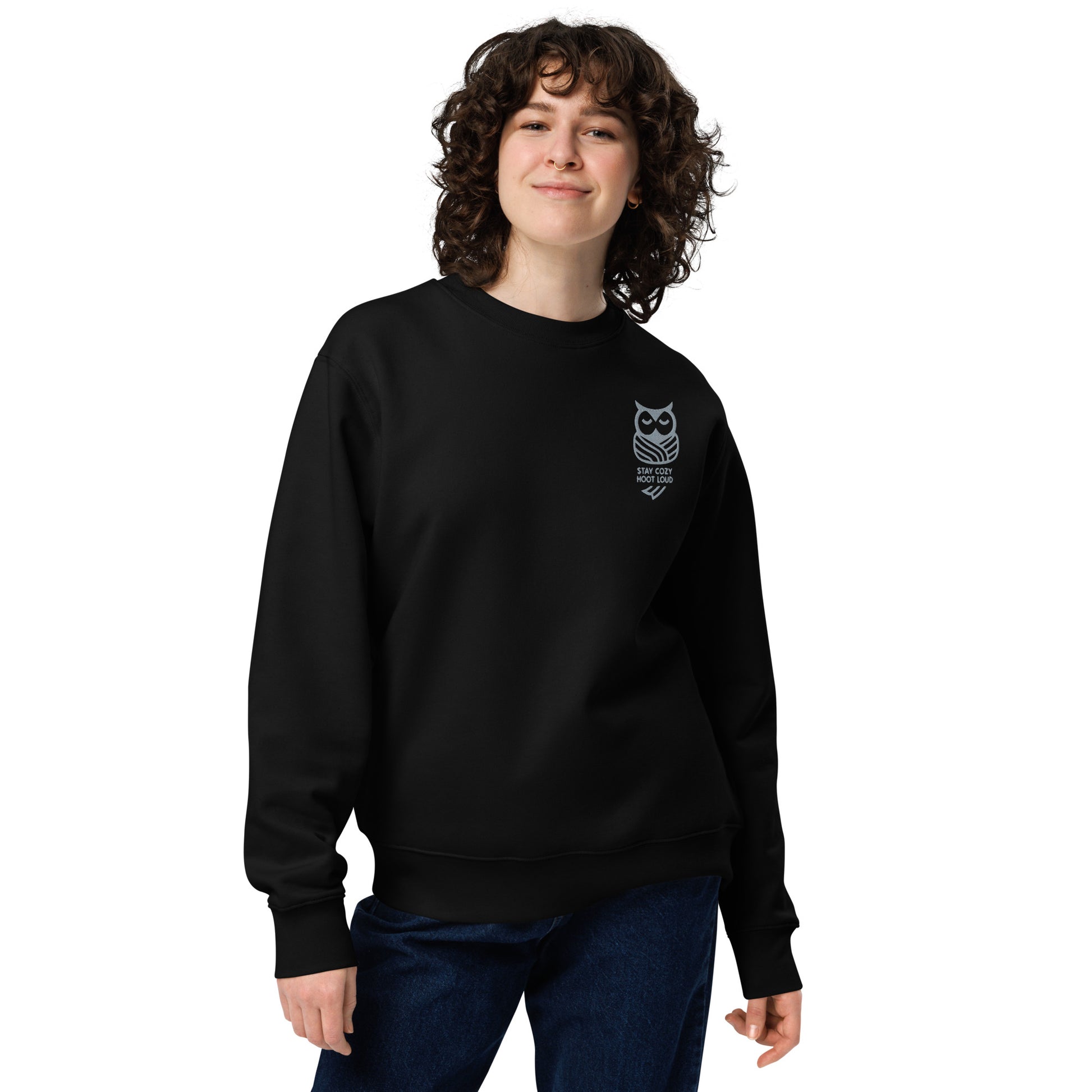 Owl Unisex Eco Sweatshirt: 'Stay Cozy Hoot Loud' in Fall | Sustainable Owl Fashion USA Dudeily