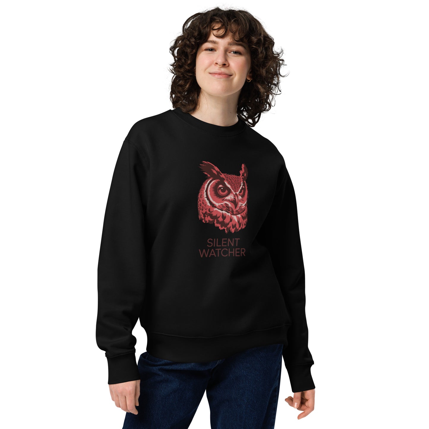 Unisex Eco Sweatshirt: ‘Silent Watcher’ in Fall | Eco-Friendly Owl Apparel USA Black Dudeily