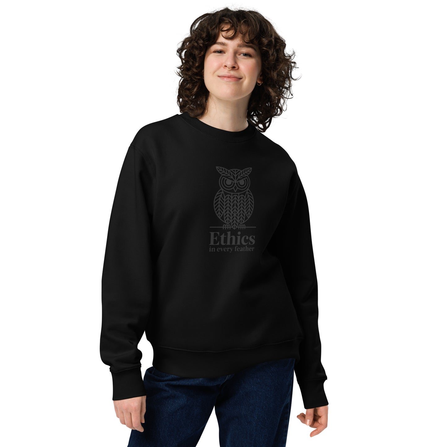 Unisex Eco Sweatshirt: 'Ethics in Every Feather' | Eco-Friendly Owl Apparel USA Black Dudeily
