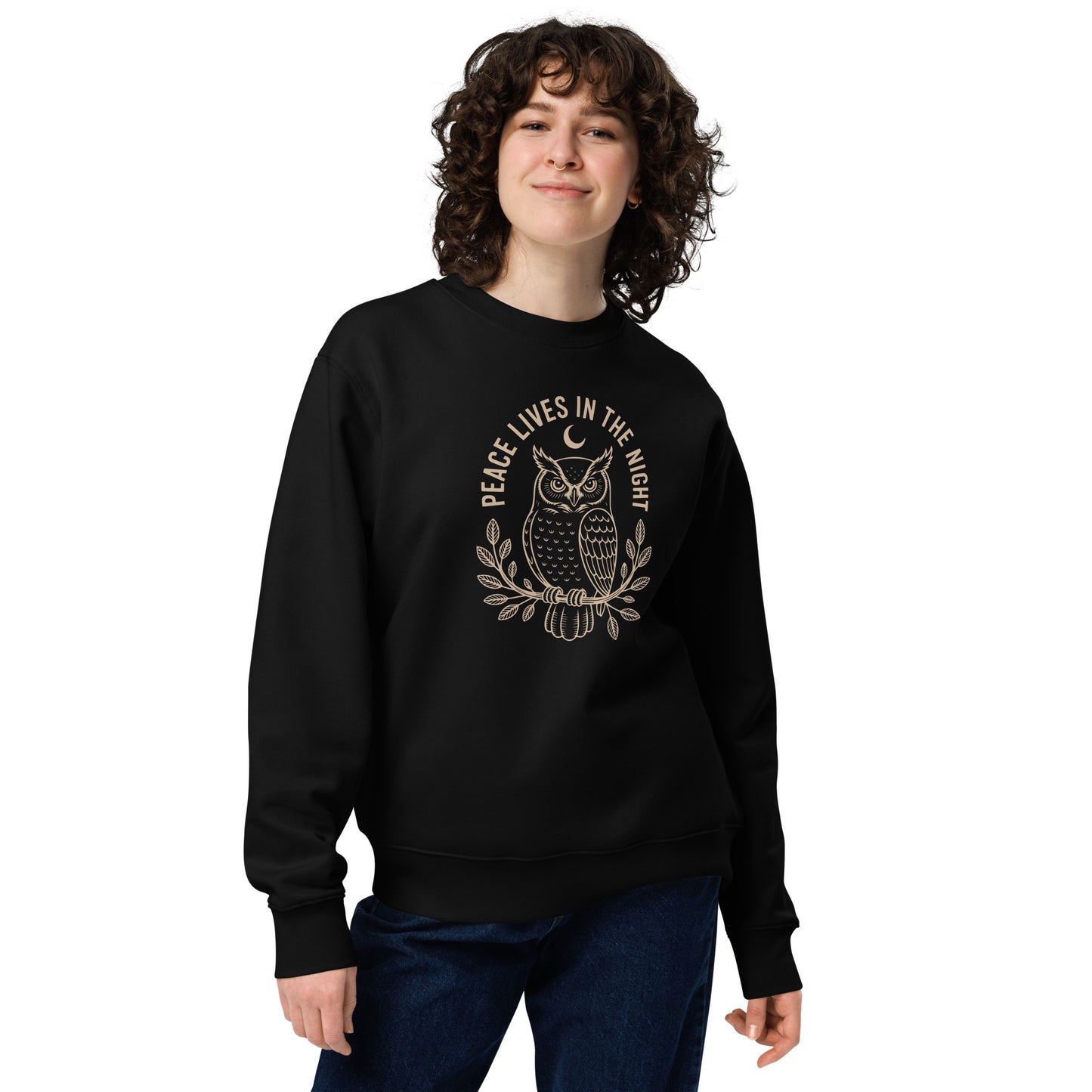 Owl Unisex Eco Sweatshirt: 'Peace in the Night' in Fall | Sustainable Owl Fashion USA Black Dudeily