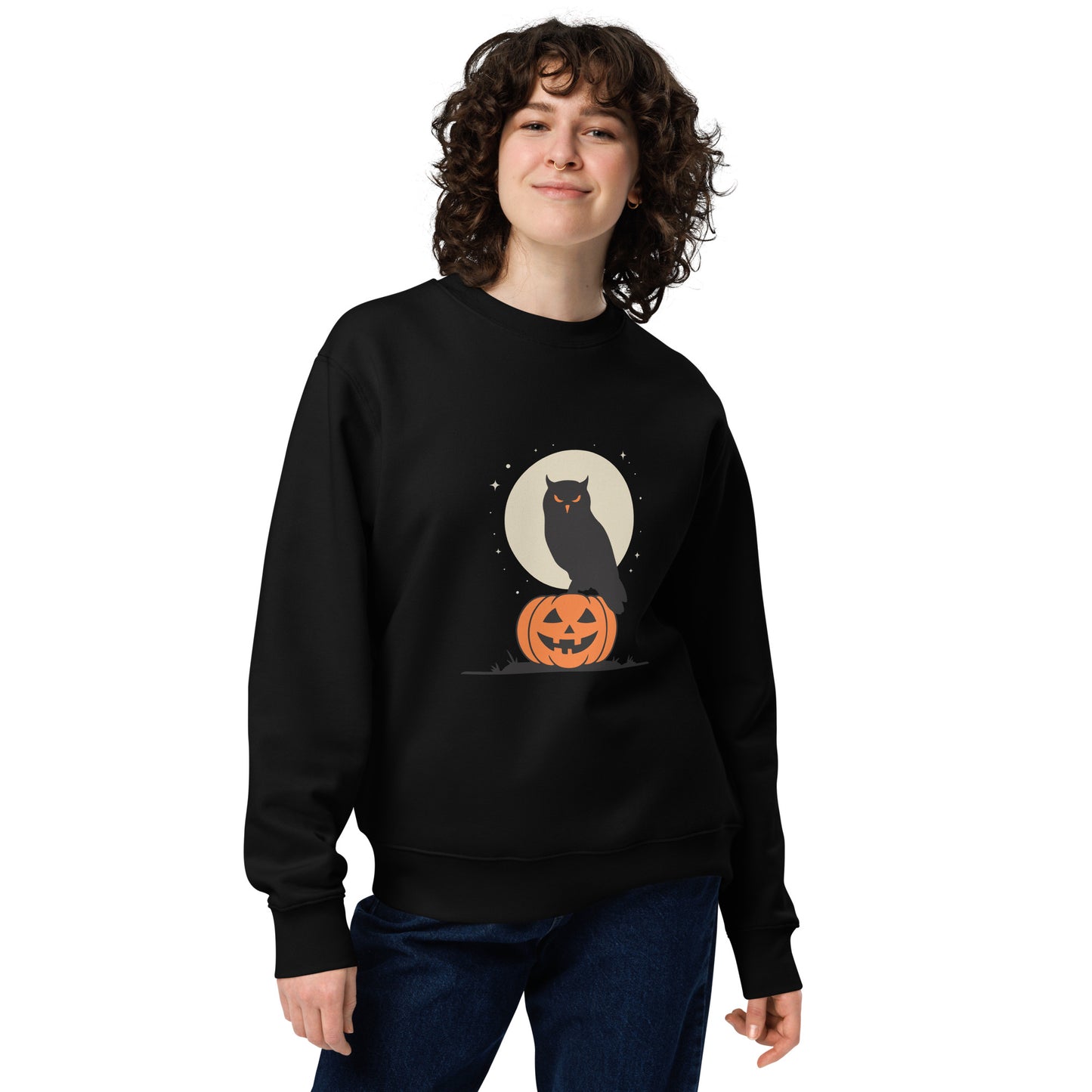 Unisex Eco Sweatshirt: Halloween Owl Cozy Sustainable Style USA Black Dudeily