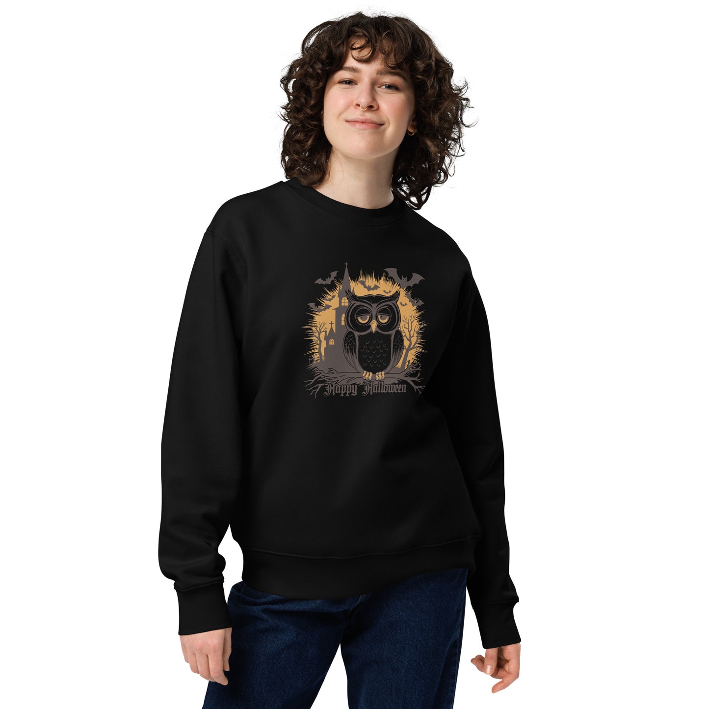 Unisex Eco Sweatshirt: Halloween Owl Cozy Sustainable Style USA Black Dudeily
