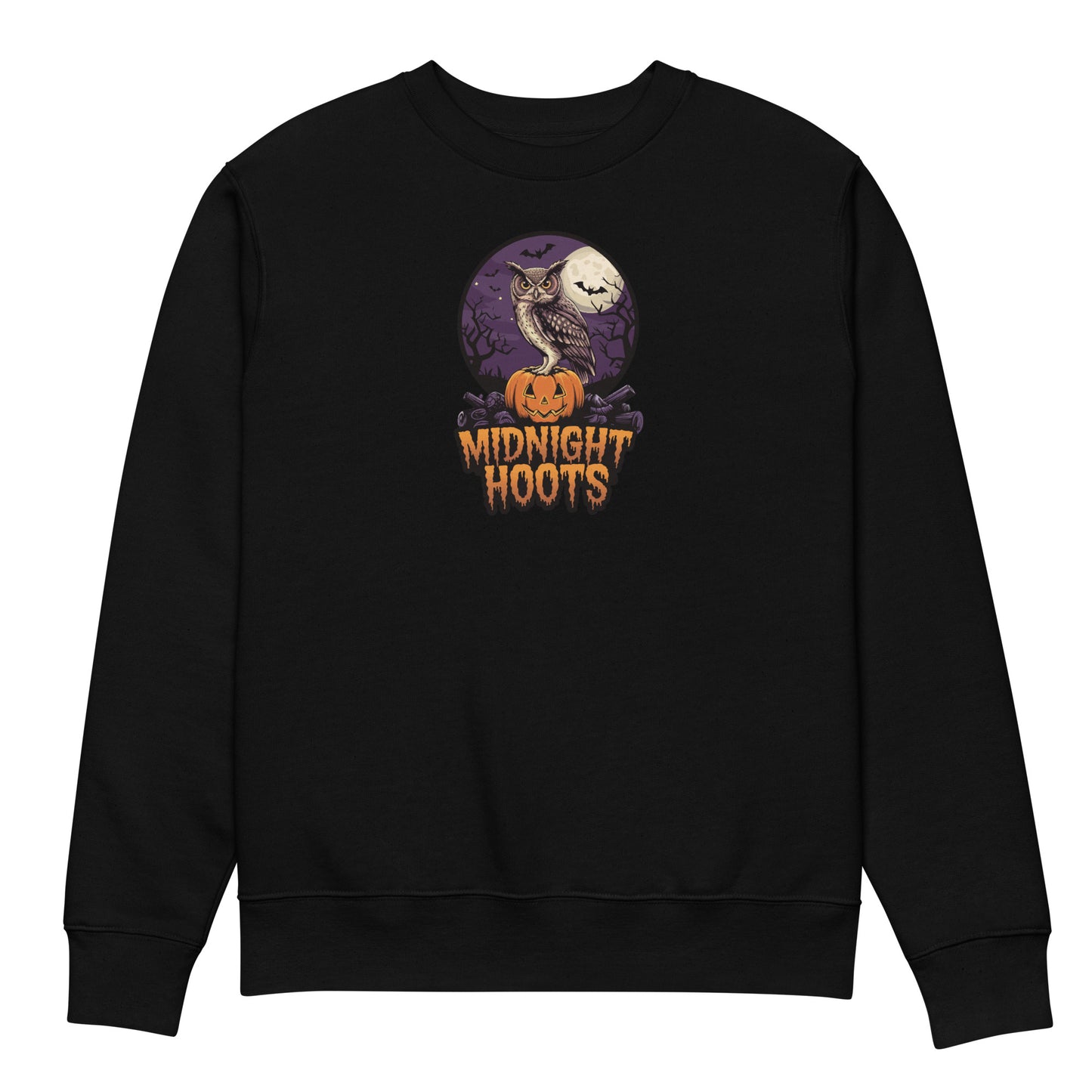 Unisex Eco Sweatshirt: Halloween Owl Cozy Sustainable Fashion USA Black Dudeily