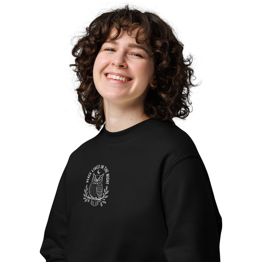 Owl Unisex Eco Sweatshirt – 'Peace Lives in the Night' in Fall | Sustainable Fashion USA Dudeily