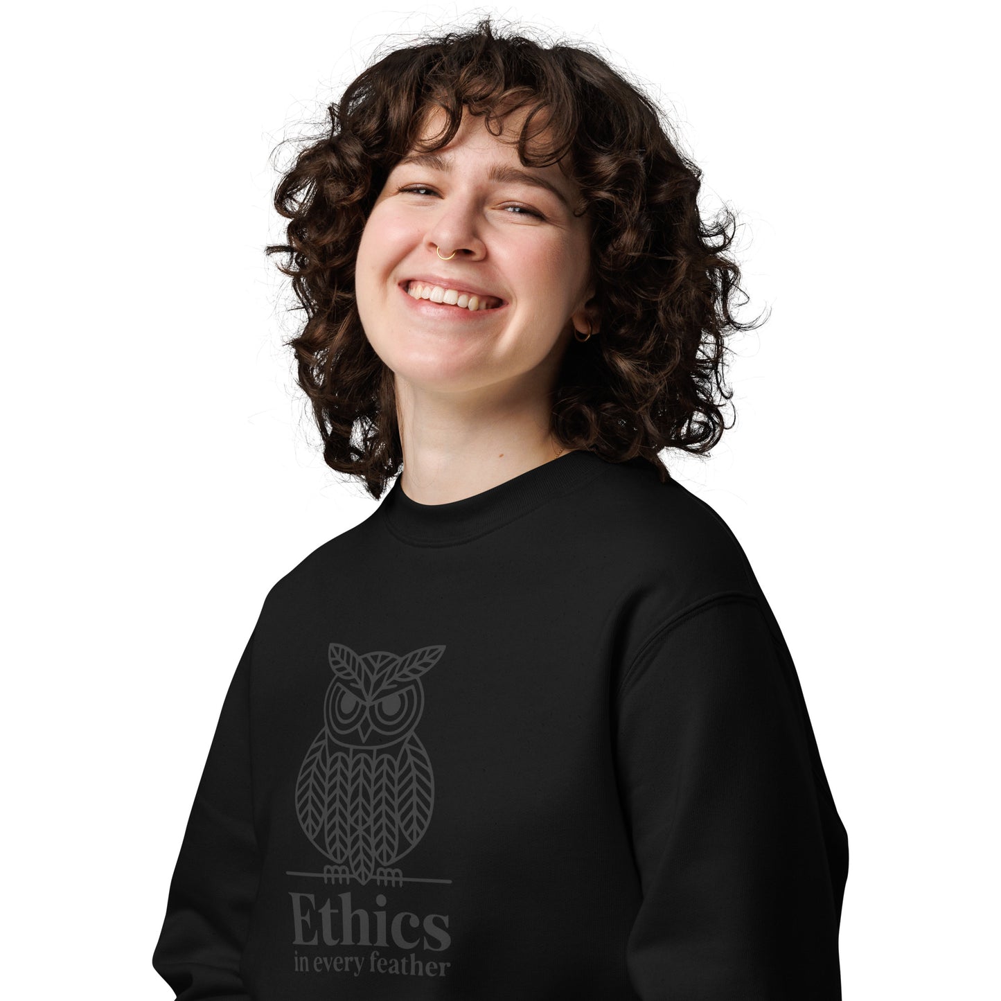 Unisex Eco Sweatshirt: 'Ethics in Every Feather' | Eco-Friendly Owl Apparel USA Dudeily