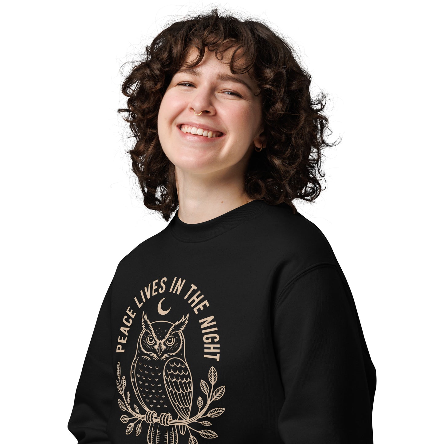 Owl Unisex Eco Sweatshirt: 'Peace in the Night' in Fall | Sustainable Owl Fashion USA Dudeily