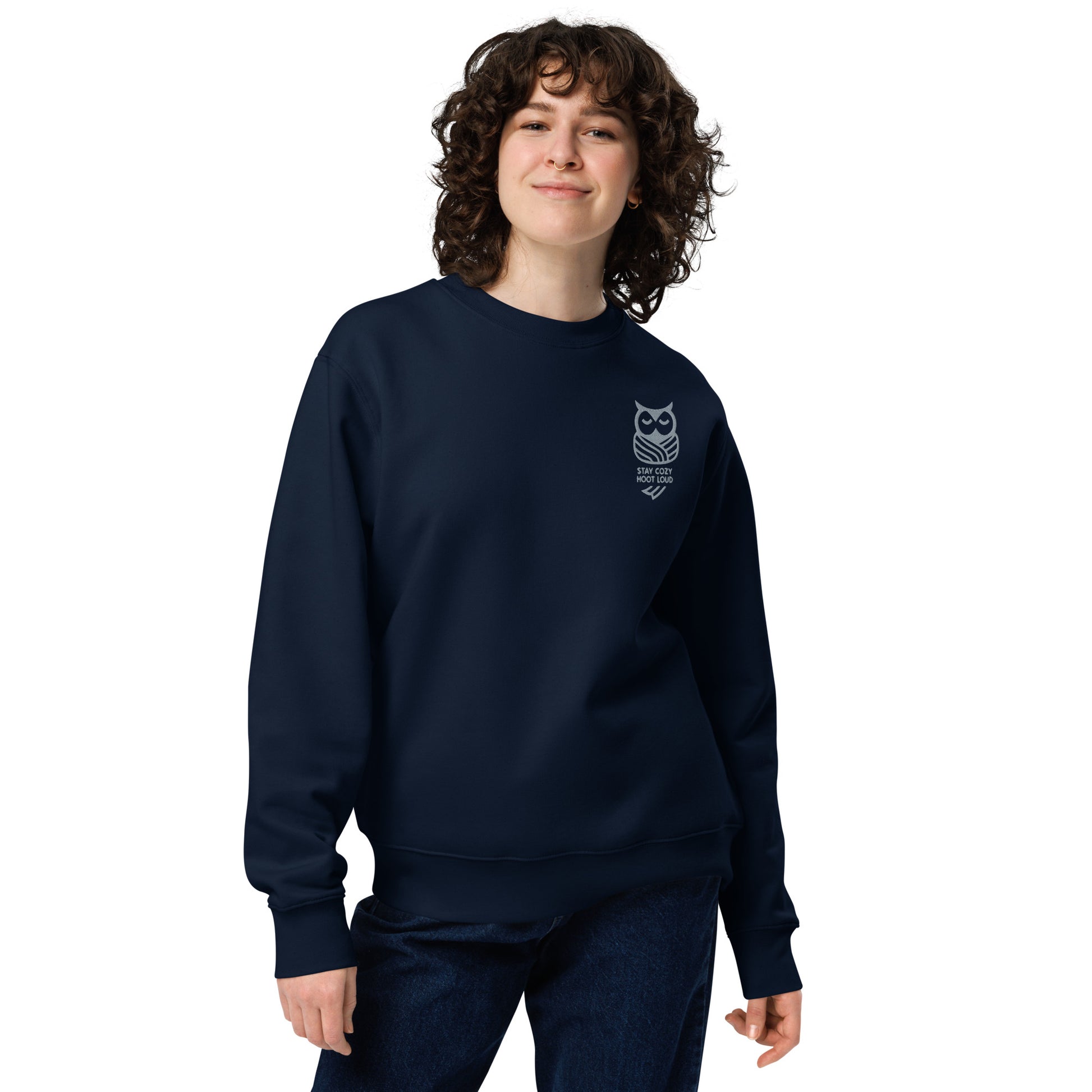 Owl Unisex Eco Sweatshirt: 'Stay Cozy Hoot Loud' in Fall | Sustainable Owl Fashion USA Dudeily