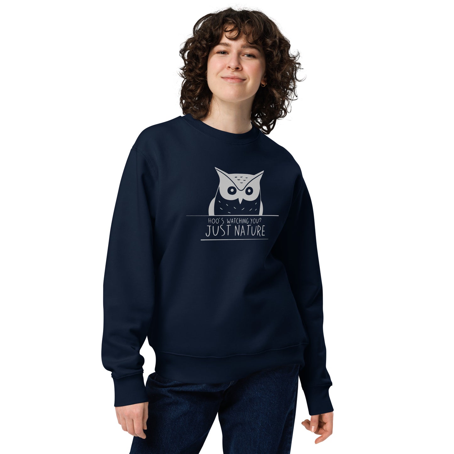 Unisex Eco Sweatshirt: 'Stay Cozy Hoot Loud' in Fall | Eco-Friendly Owl Apparel USA French Navy Dudeily