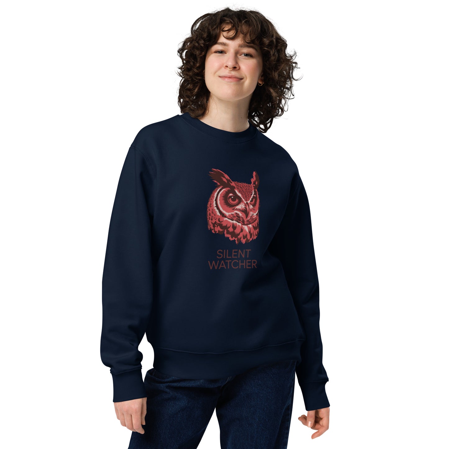 Unisex Eco Sweatshirt: ‘Silent Watcher’ in Fall | Eco-Friendly Owl Apparel USA French Navy Dudeily