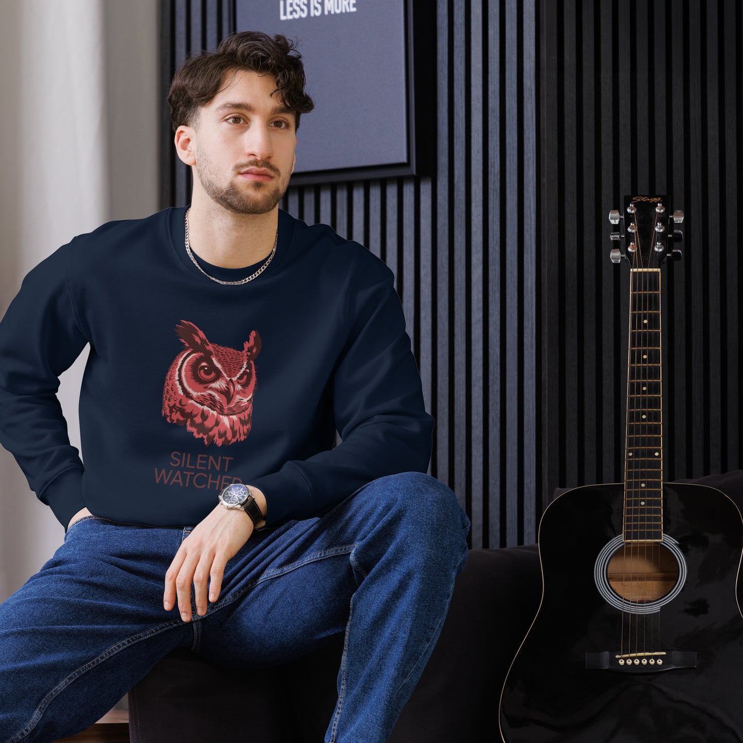 Unisex Eco Sweatshirt: ‘Silent Watcher’ in Fall | Eco-Friendly Owl Apparel USA Dudeily