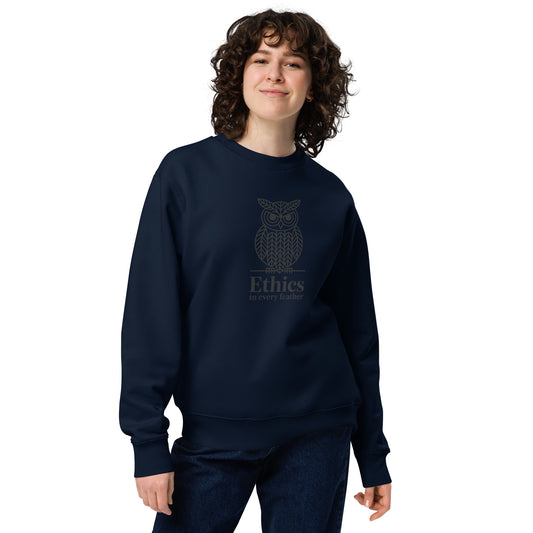 Unisex Eco Sweatshirt: 'Ethics in Every Feather' | Eco-Friendly Owl Apparel USA French Navy Dudeily
