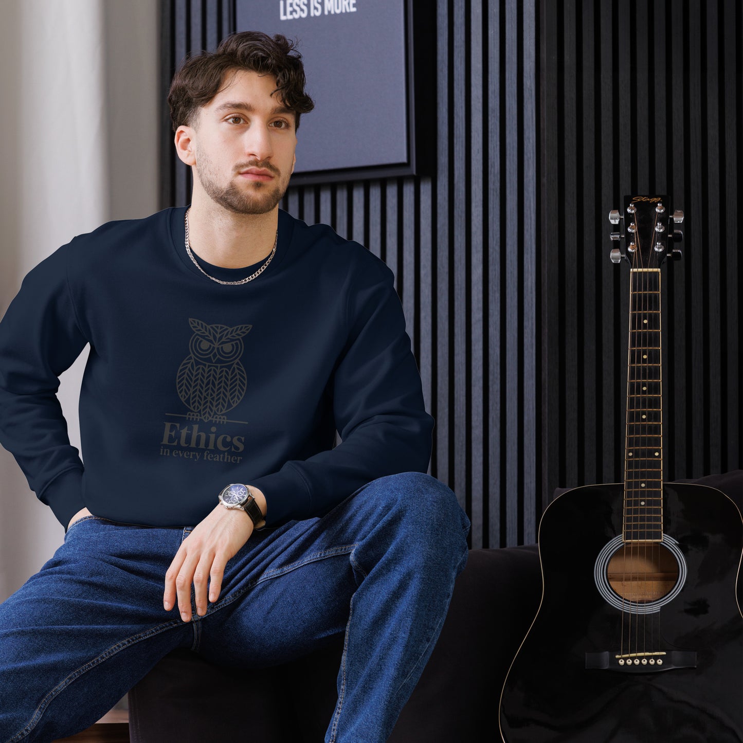 Unisex Eco Sweatshirt: 'Ethics in Every Feather' | Eco-Friendly Owl Apparel USA Dudeily