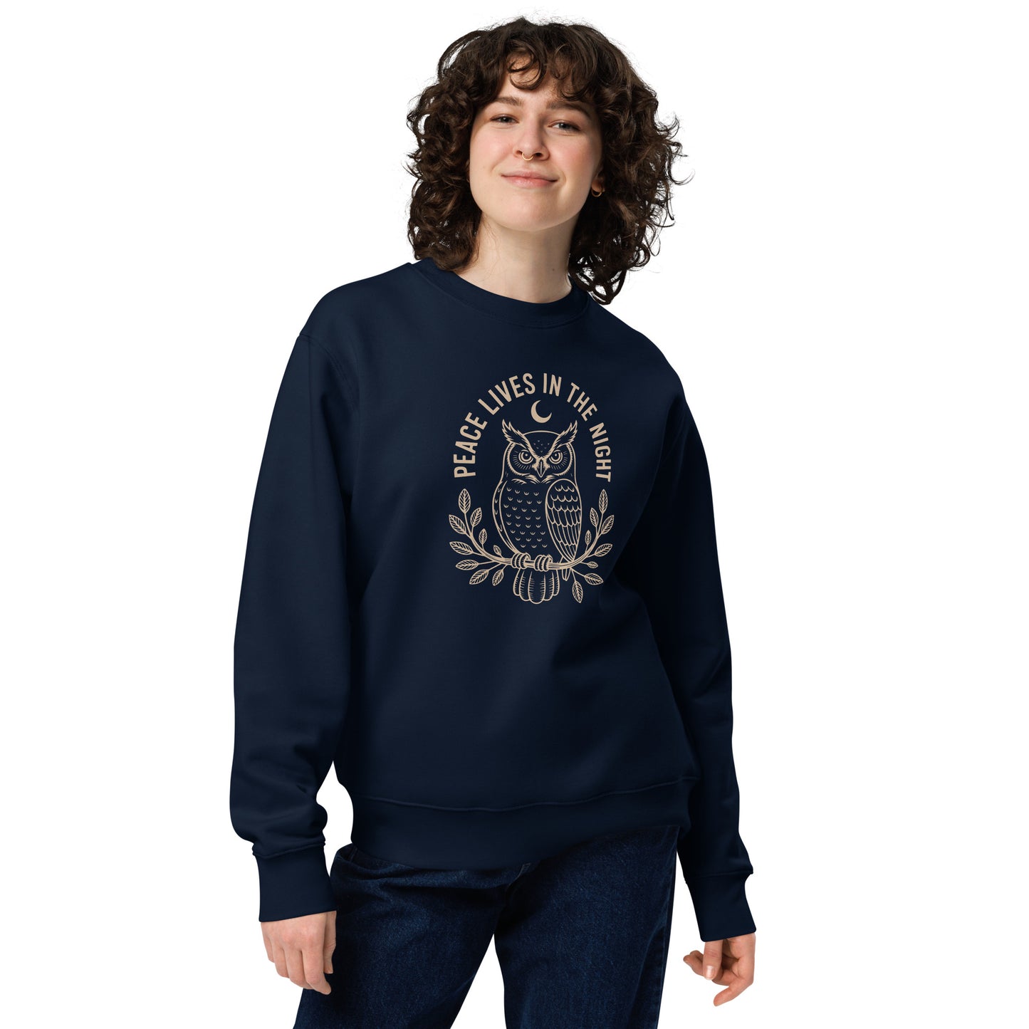 Owl Unisex Eco Sweatshirt: 'Peace in the Night' in Fall | Sustainable Owl Fashion USA French Navy Dudeily