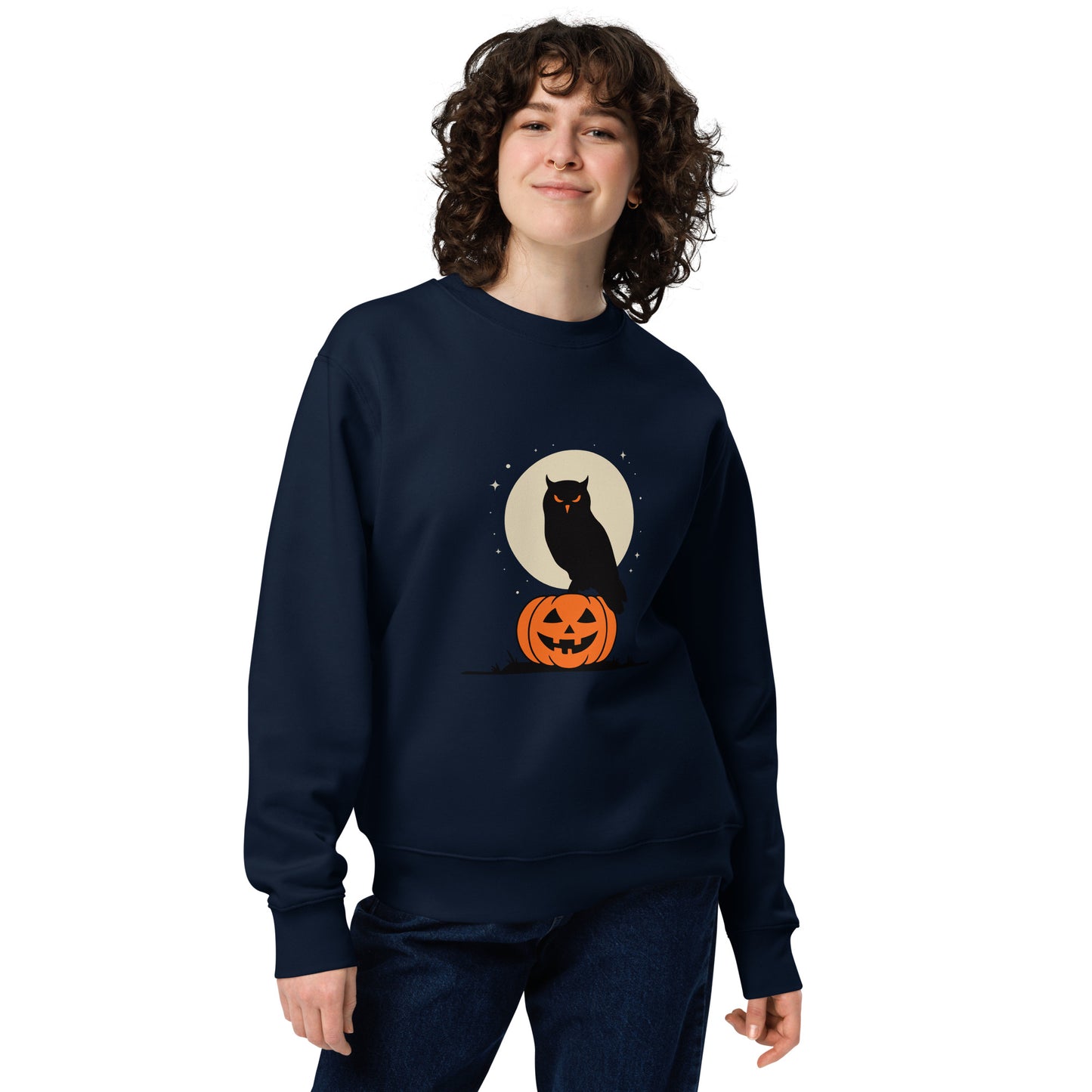 Unisex Eco Sweatshirt: Halloween Owl Cozy Sustainable Style USA French Navy Dudeily