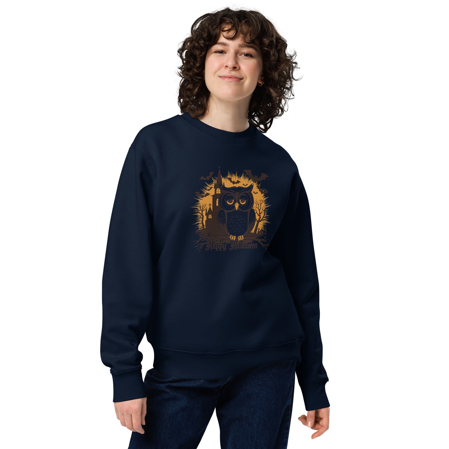 Unisex Eco Sweatshirt: Halloween Owl Cozy Sustainable Style USA French Navy Dudeily