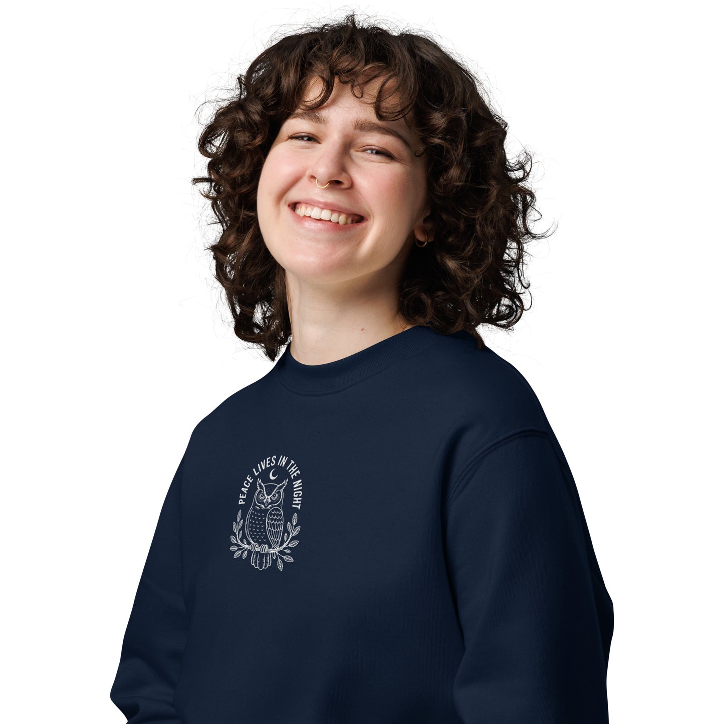 Owl Unisex Eco Sweatshirt – 'Peace Lives in the Night' in Fall | Sustainable Fashion USA Dudeily