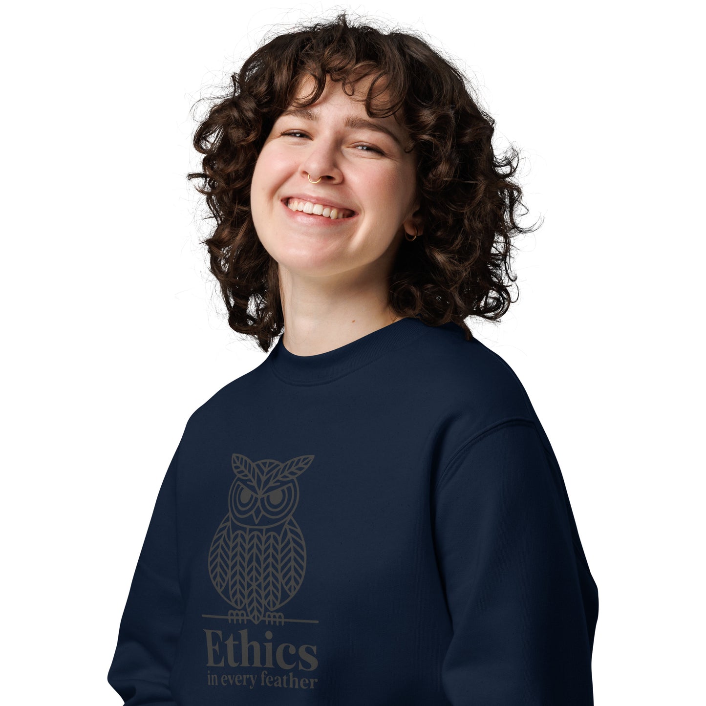 Unisex Eco Sweatshirt: 'Ethics in Every Feather' | Eco-Friendly Owl Apparel USA Dudeily