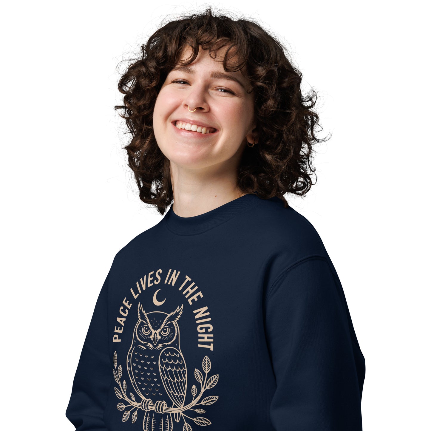 Owl Unisex Eco Sweatshirt: 'Peace in the Night' in Fall | Sustainable Owl Fashion USA Dudeily