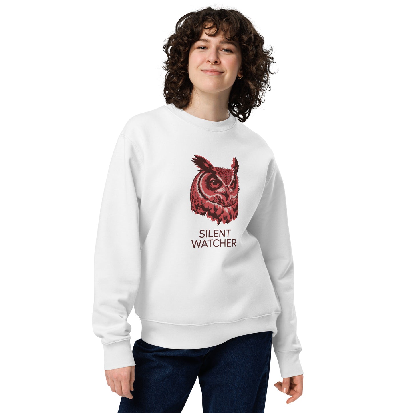 Unisex Eco Sweatshirt: ‘Silent Watcher’ in Fall | Eco-Friendly Owl Apparel USA White Dudeily