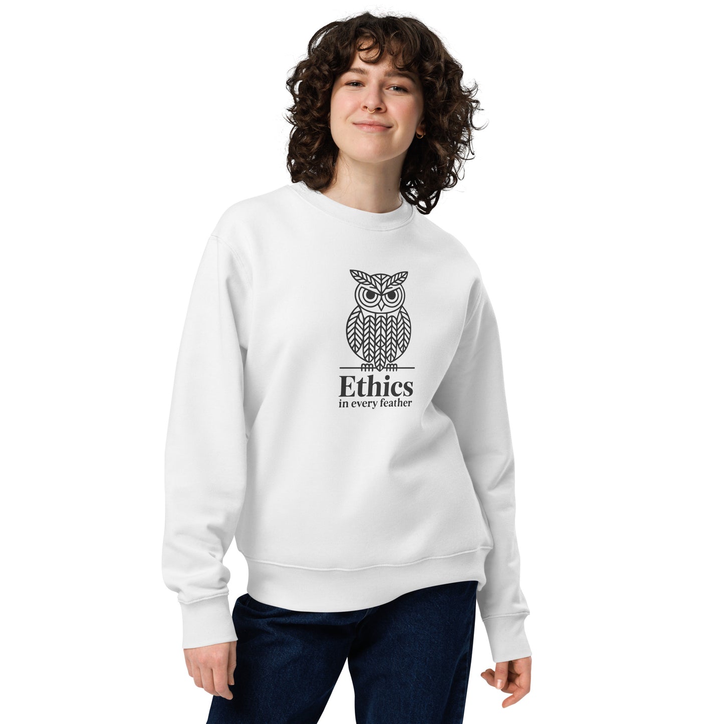 Unisex Eco Sweatshirt: 'Ethics in Every Feather' | Eco-Friendly Owl Apparel USA White Dudeily