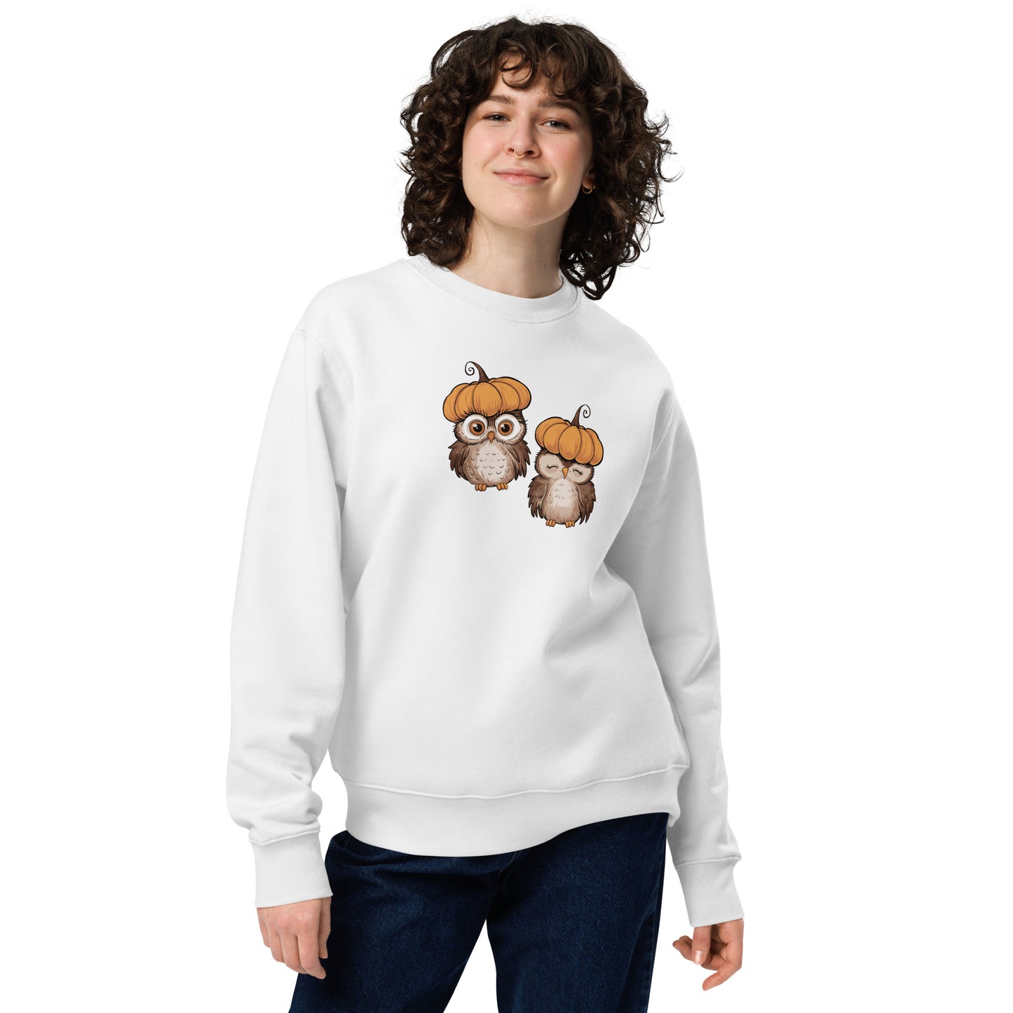 Unisex Eco Sweatshirt: Halloween Owl Sustainable Cozy Style USA White Dudeily