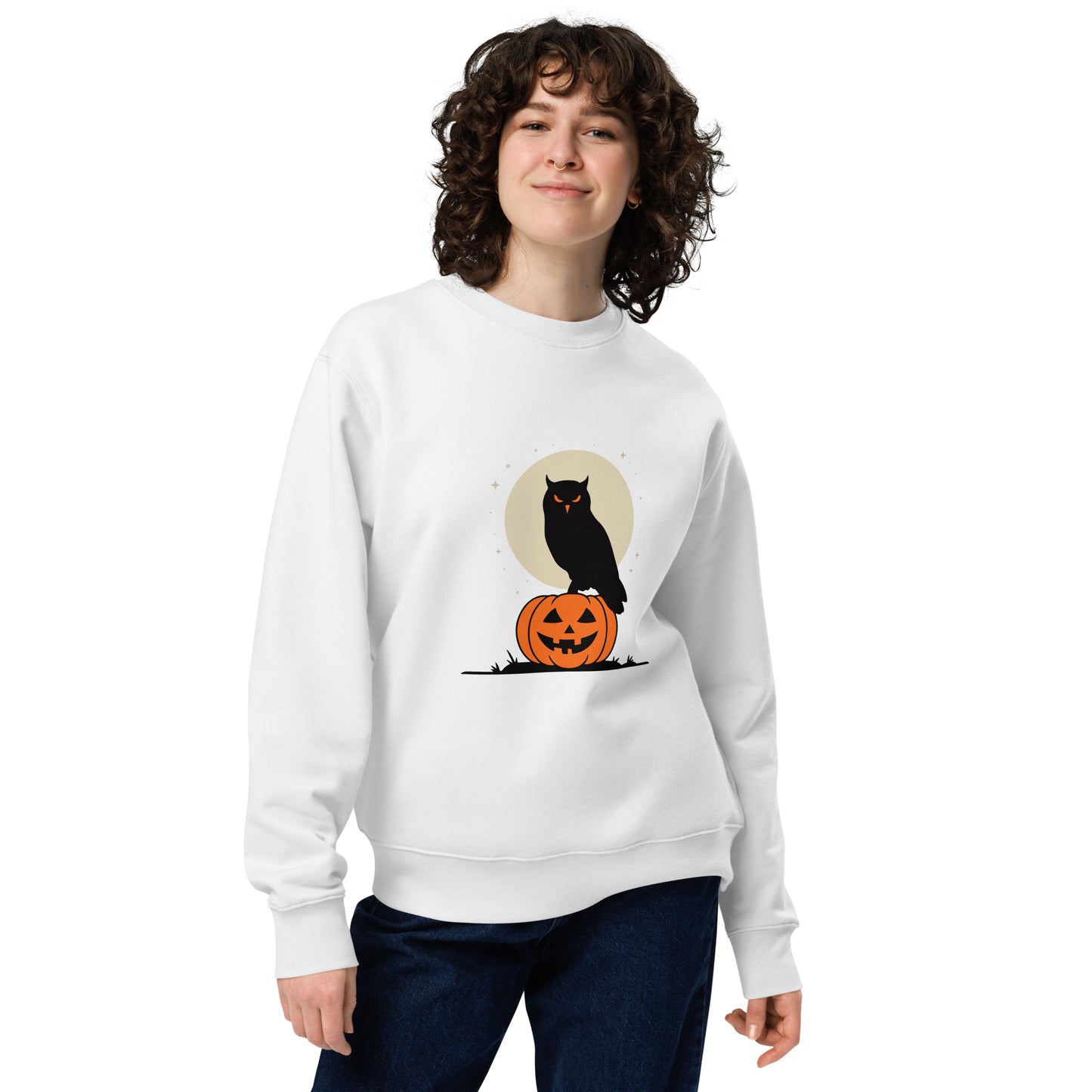 Unisex Eco Sweatshirt: Halloween Owl Cozy Sustainable Style USA White Dudeily