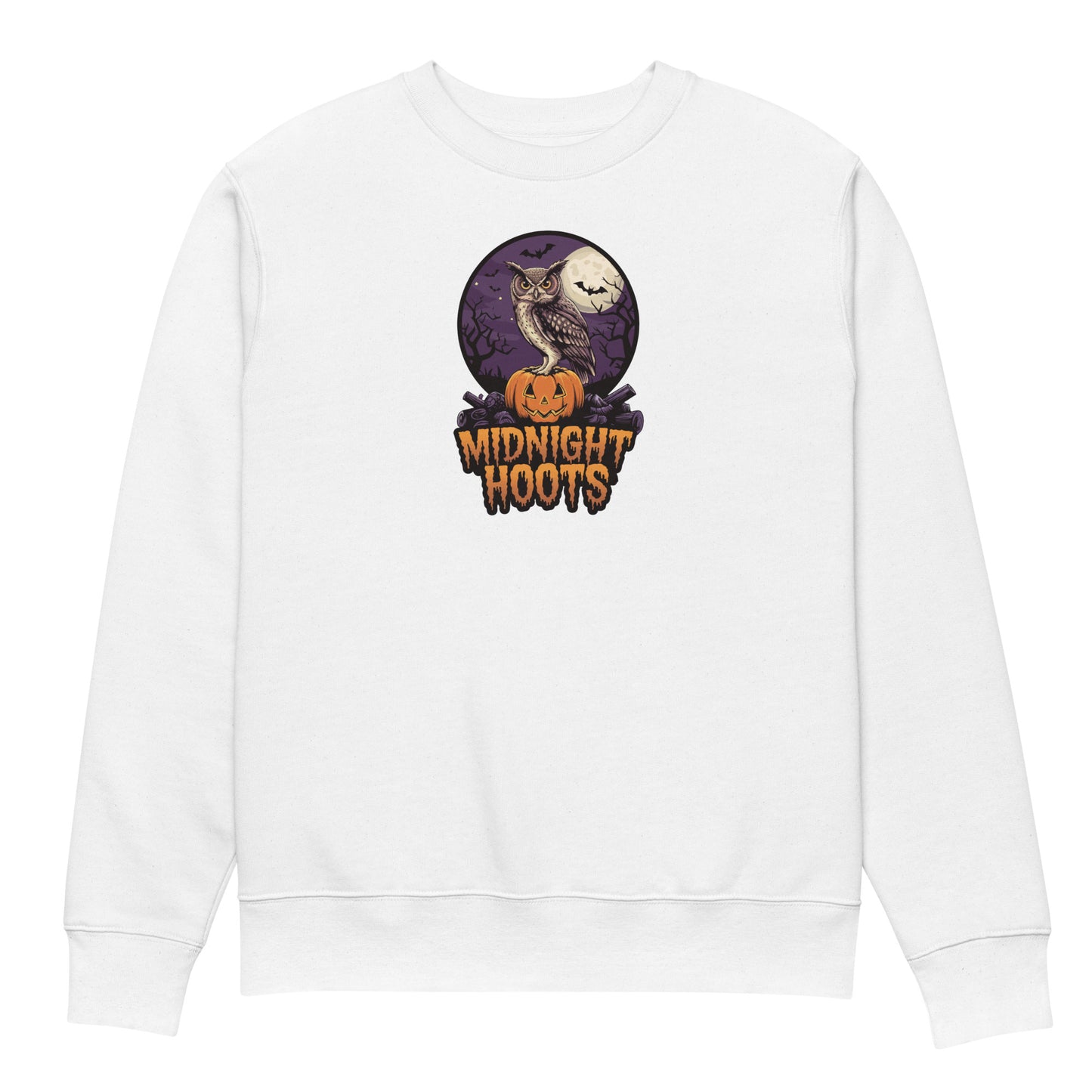 Unisex Eco Sweatshirt: Halloween Owl Cozy Sustainable Fashion USA White Dudeily