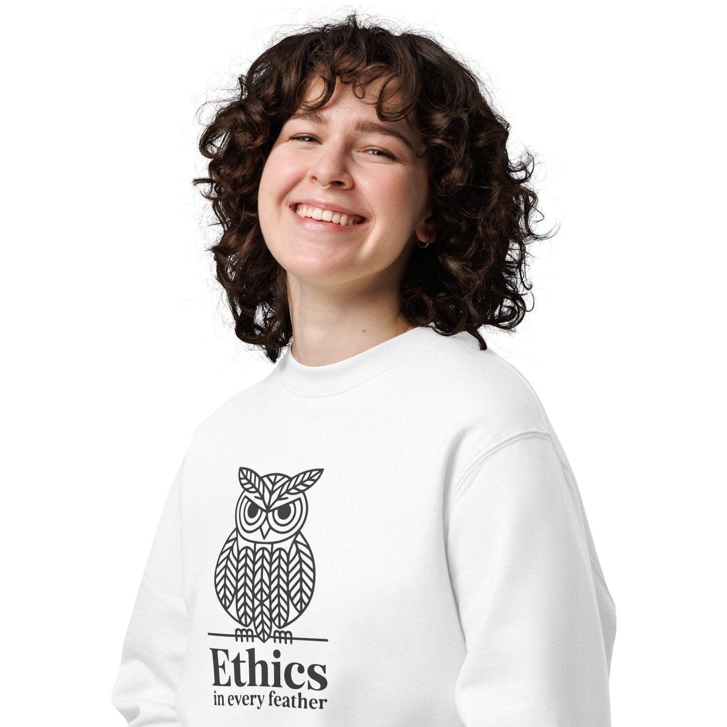 Unisex Eco Sweatshirt: 'Ethics in Every Feather' | Eco-Friendly Owl Apparel USA Dudeily