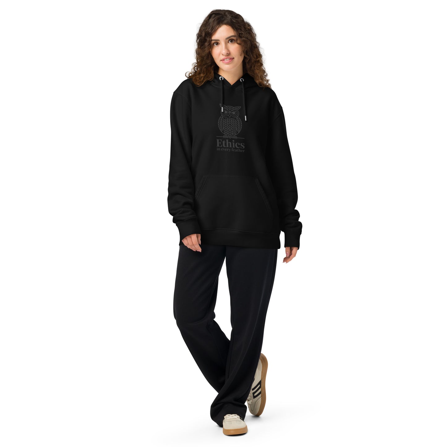 Unisex Essential Organic Hoodie: 'Ethics in Every Feather' | Sustainable Owl Fashion USA Black Dudeily