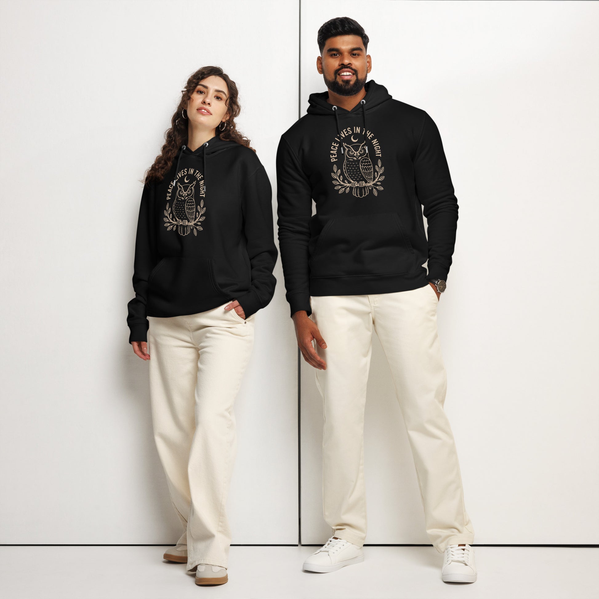 Unisex Essential Organic Hoodie: 'Peace in the Night' in Fall | Sustainable Owl Fashion USA Dudeily