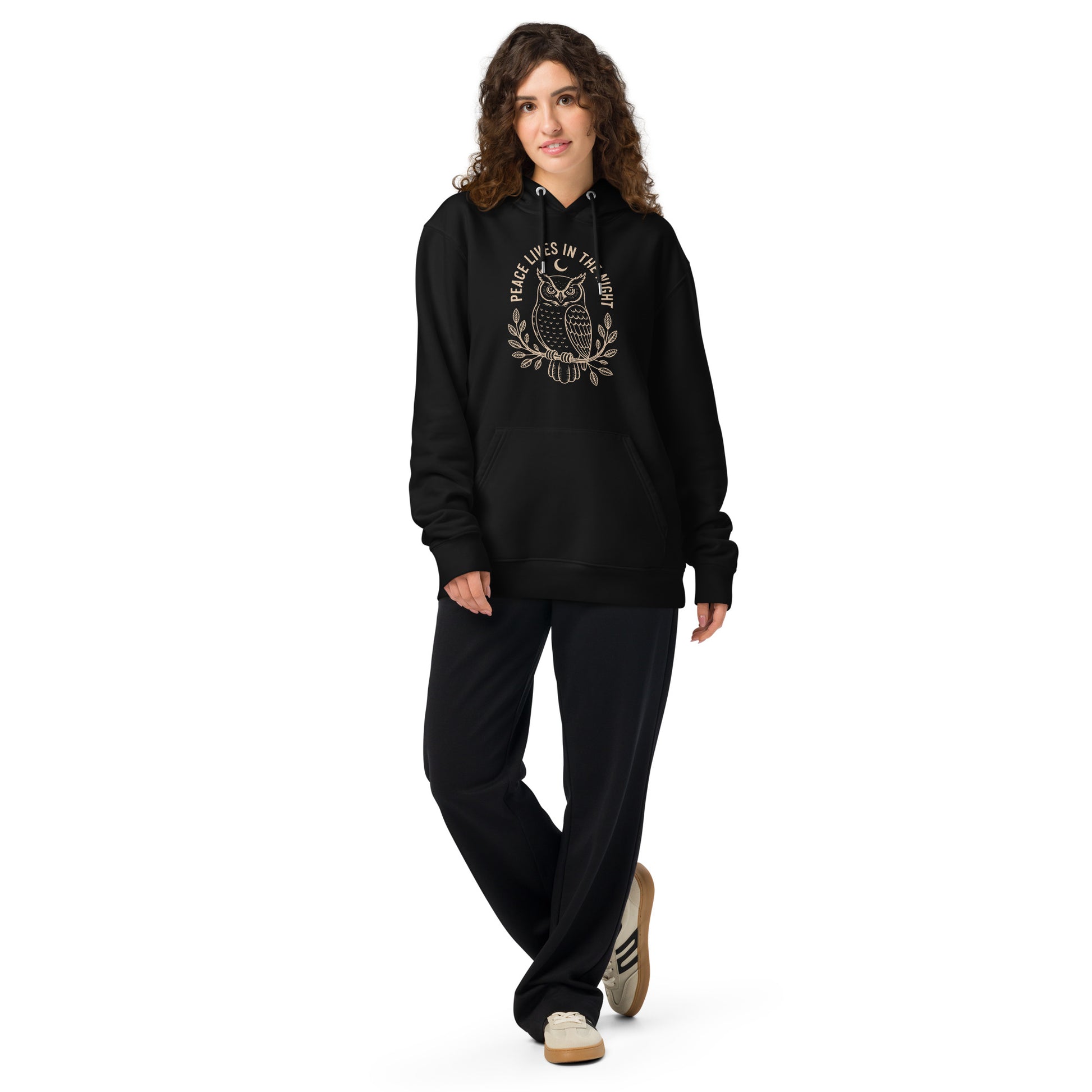 Unisex Essential Organic Hoodie: 'Peace in the Night' in Fall | Sustainable Owl Fashion USA Black Dudeily