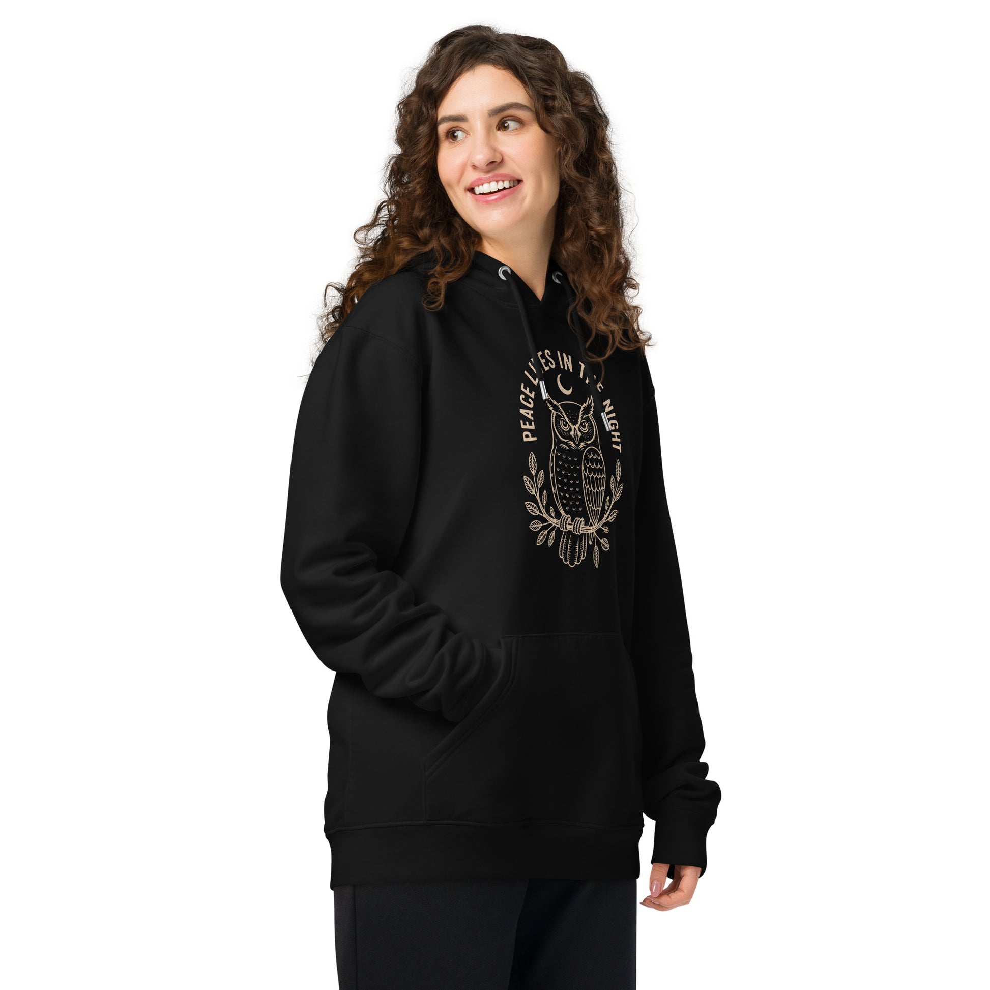 Unisex Essential Organic Hoodie: 'Peace in the Night' in Fall | Sustainable Owl Fashion USA Dudeily